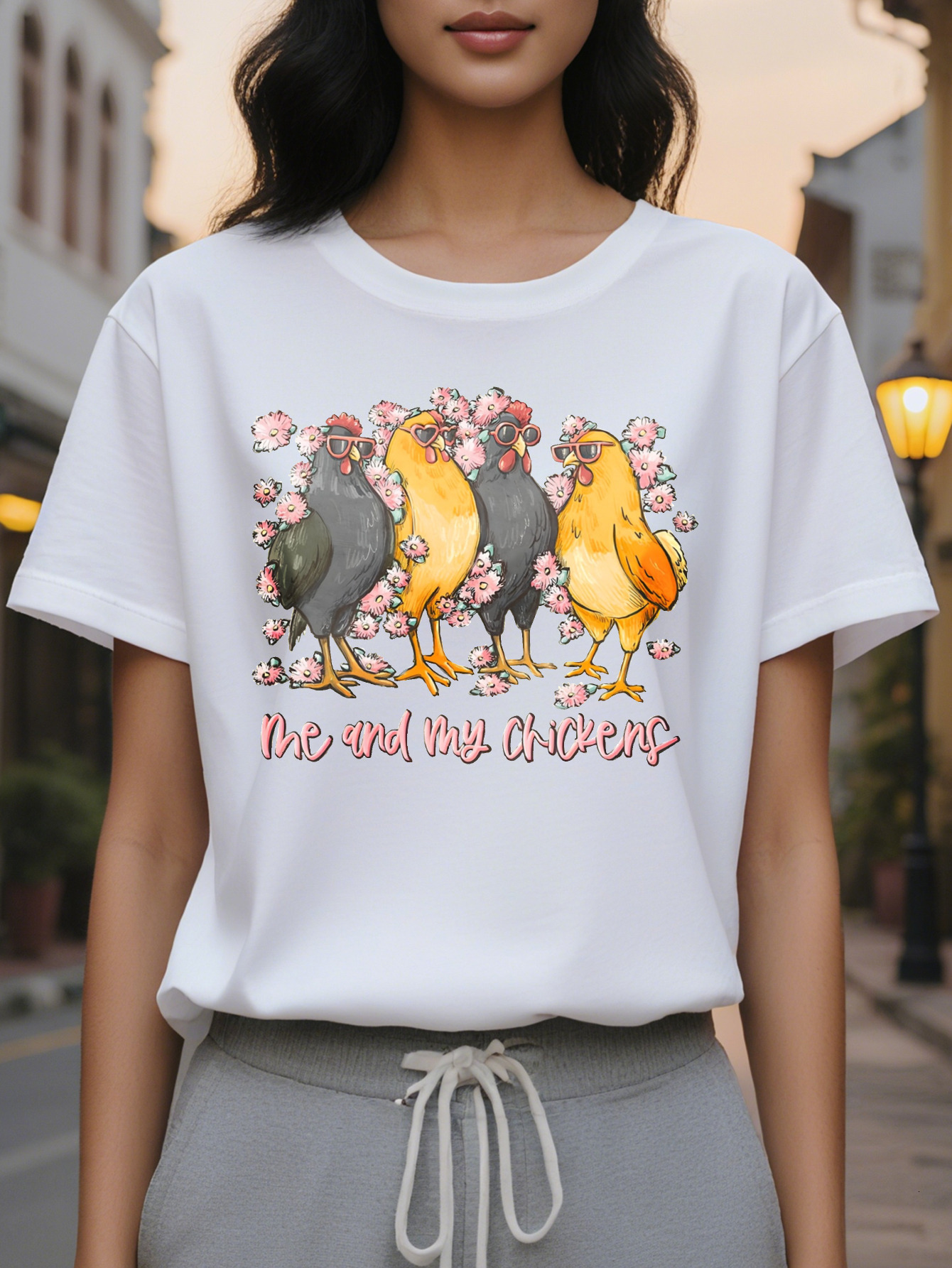 Women S Crew Neck T Shirt with Chick Graphic Print Me and My Chickens Design Short Sleeve Lightweight Cotton