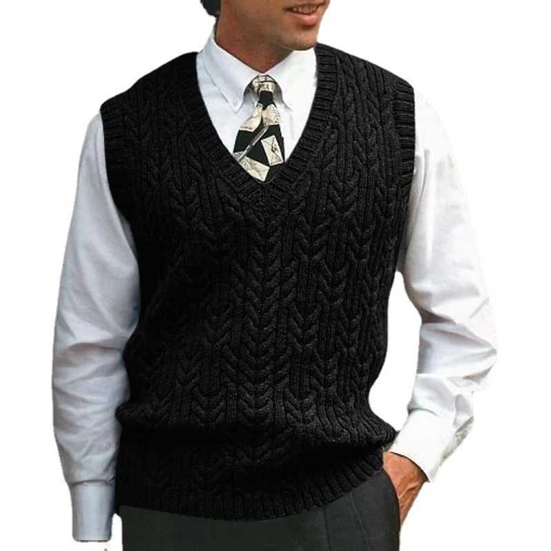 American Vintage Dough Twists Jacquard Knitwear Vneck Sweaters Autumn Winter Men Casual Warm VestXJ250904