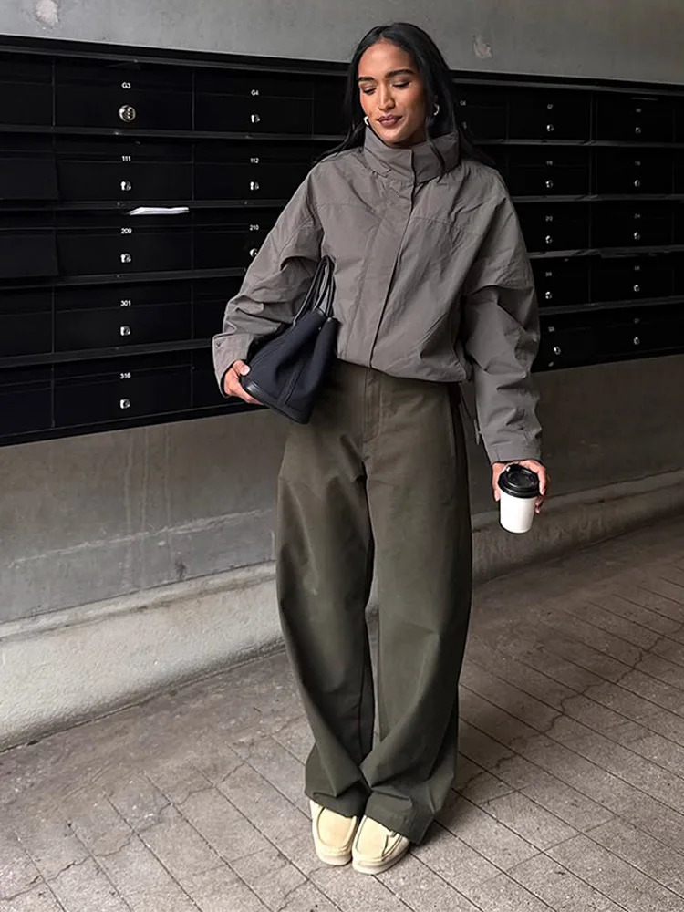 Chic Thin Drawstring Womens Bomber Jacket Loose Stand Collar Full Sleeve Zipper Female Jackets Autumn Lady Sportwears 250815