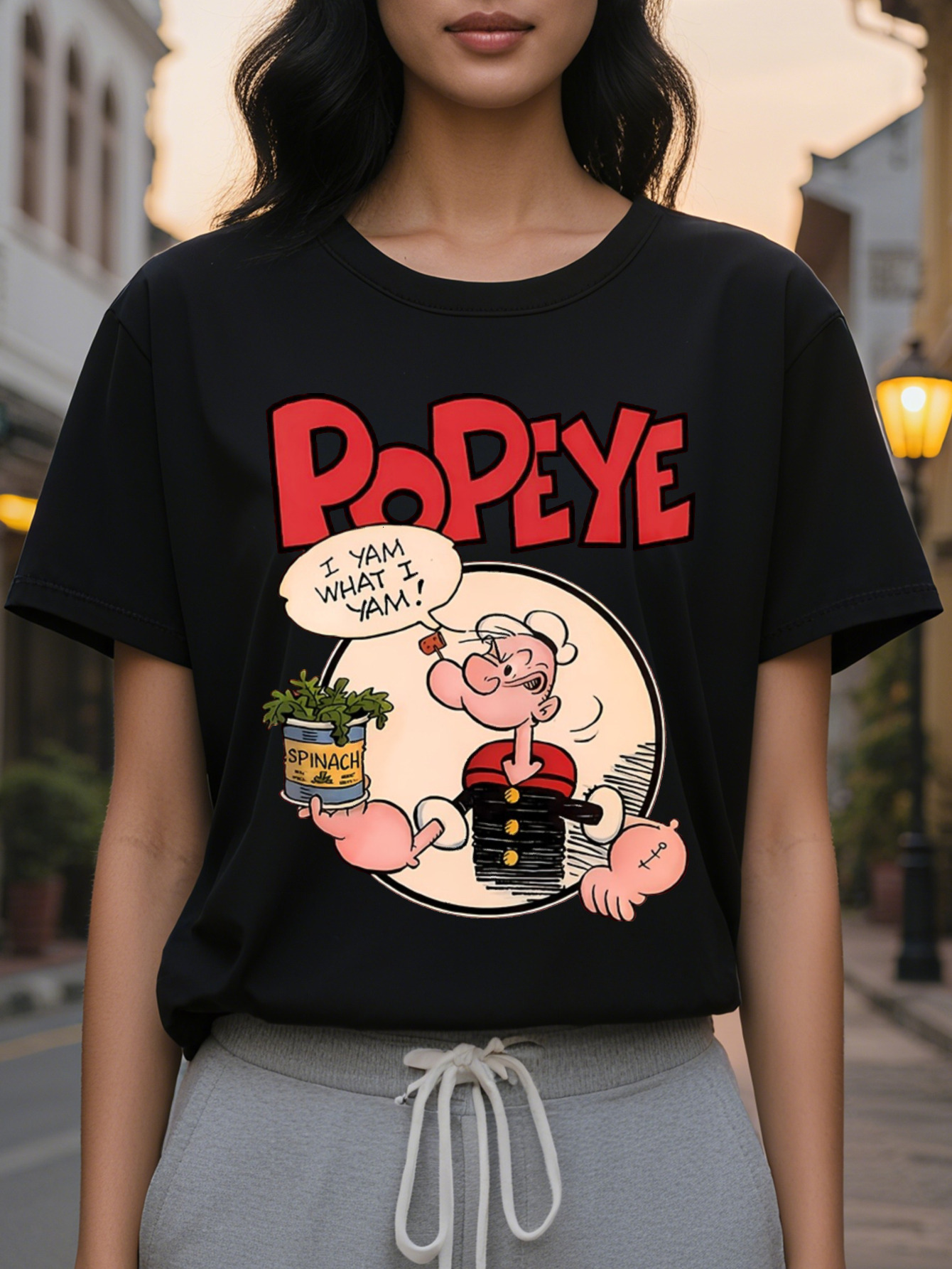 POPEYE American Printed Pattern Spring and Summer New Fashion Round Neck T-Shirt Slim Fit Slimming Women's Short Sleeve