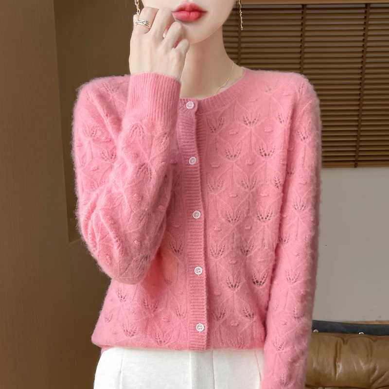 Autumn And Winter New Round Neck Hollowed Out 100 Wool Knitted Cardigan Womens Versatile Coat Loose Casual Sweater DMR281 M250904