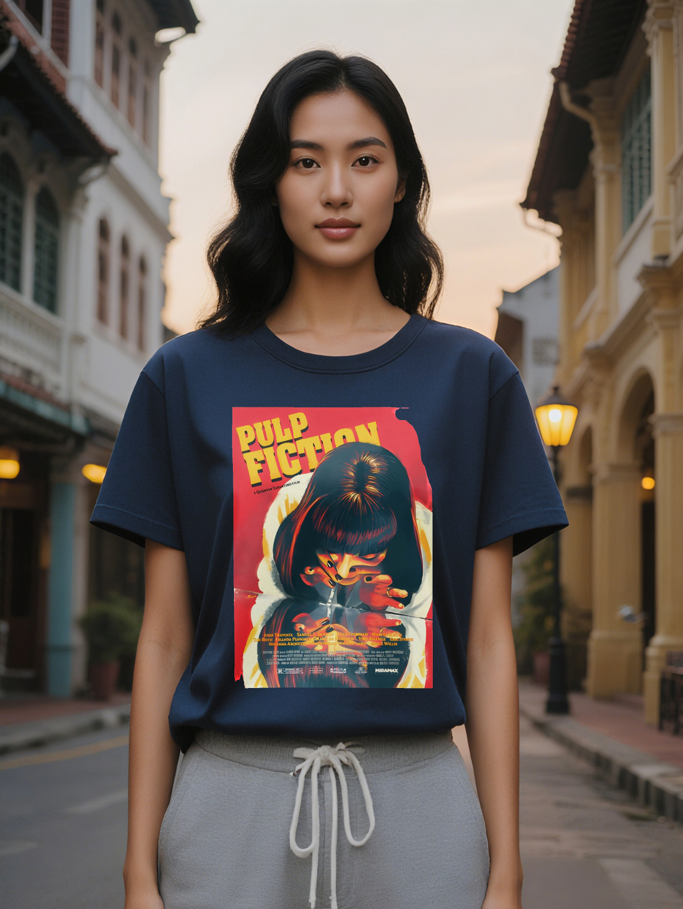Large XL Black Graphic Lady Casual T-Shirt Pulp Fiction Art Print with Female Character Design, Washable, Regular Fit, Gift, Plus Size
