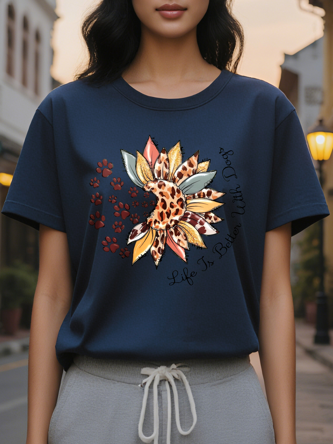 Women s Olive Green Suower Leopard Paw Print T Shirt Life is Better with Her Graphic Soft Stretch Round Neck Casual