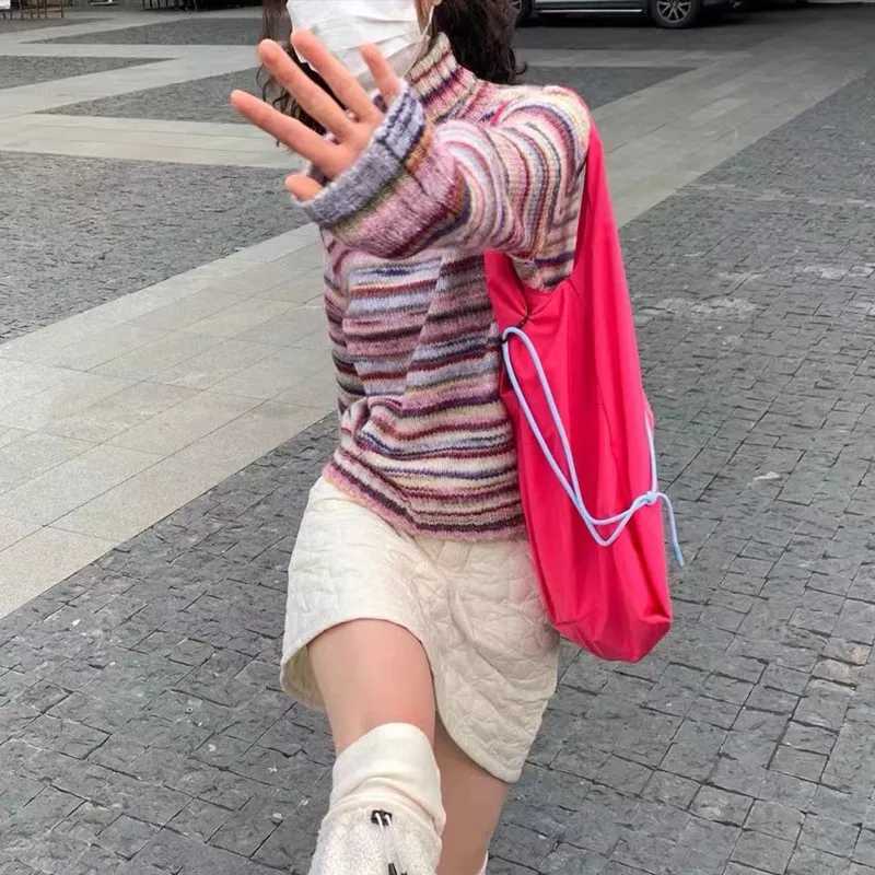 Karrram Japanese Y2k Turtleneck Sweater Vintage Rainbow Striped Pullover Korean Fashion Knitted Jumper Harajuku Grunge Knitwear M250904