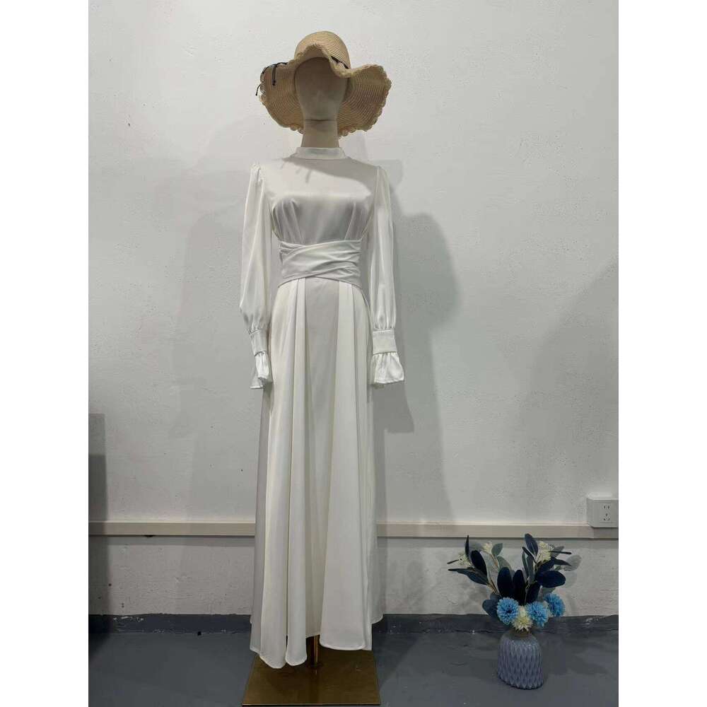 2024 Autumn New Long Waist Cinch Puff Sleeve Solid Color Fairy Style Dress