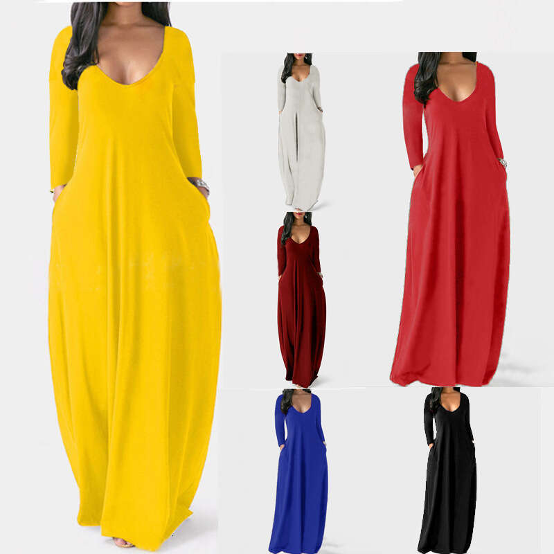 European and American Summer Cross-Border Trade New Plus Size Women's Solid Color Sexy Deep V Long Sleeve Dress