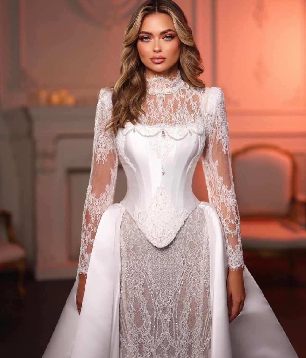 Fashion High Neck Lace Sheath Wedding Dress Long Sleeve Satin Bridal Dress Detachable Train Customized vestidos de novia