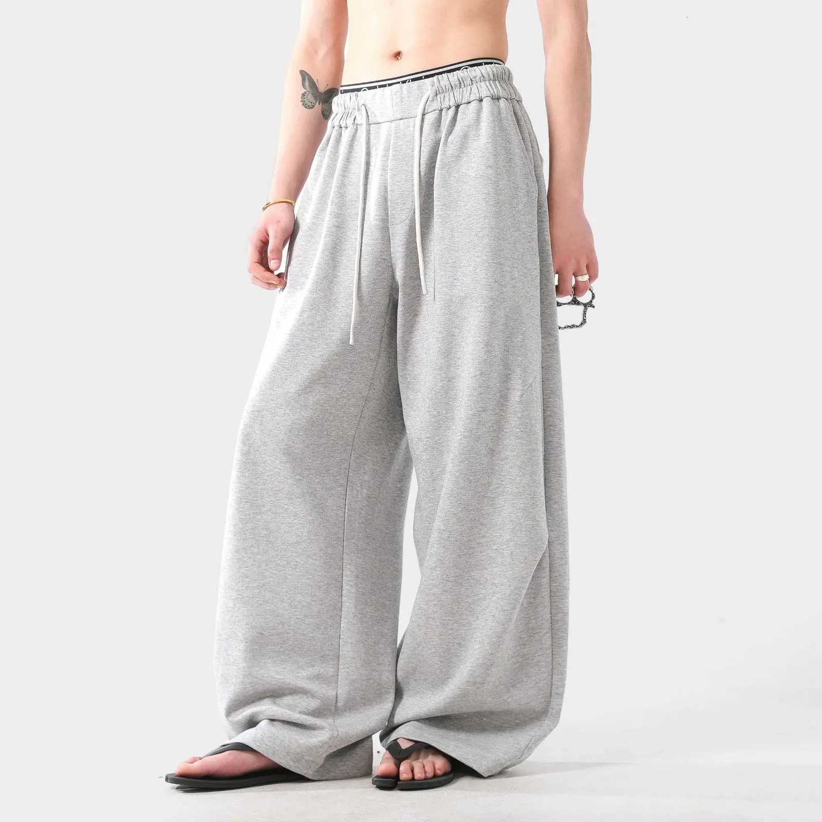 Mens Gray Baggy Sweatpants Wide Leg Long Drawstring Casual Joggers Oversized Urban Curved Blade Type Design Lantern Pants WomenXJ250904