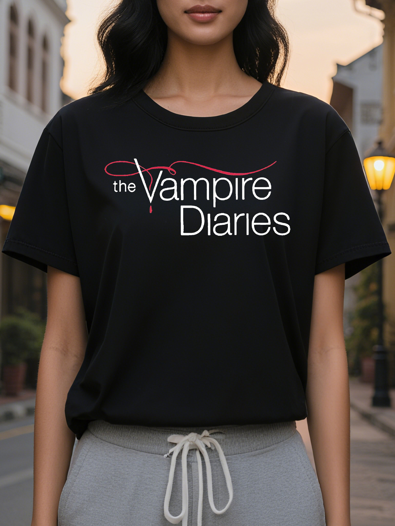 Large XL Women's Vampire Diaries Graphic Print T-Shirt Light Gray Relaxed Short Sleeve Round Neck Casual Top for SpringSummer Plus Size