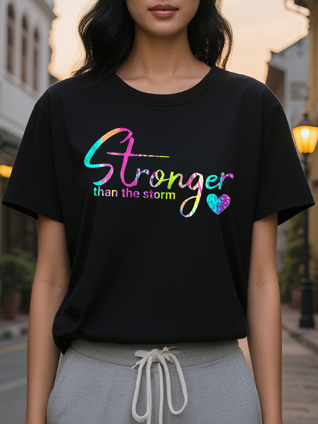 Women S Stronger Than The Storm Graphic T Shirt Vibrant Colorful Lettering Heart Design Casual Short Sleeve Crew