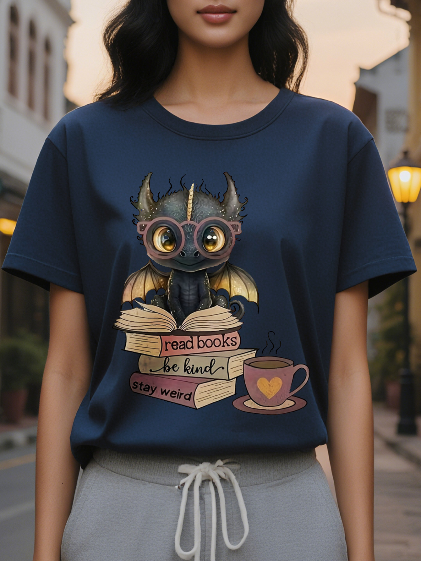 Large XL Soft Graphic Women's T-Shirt Cute Dragon Print with Read Books Be Kind Stay Weird Light Beige Round Neck Tee Plus Size