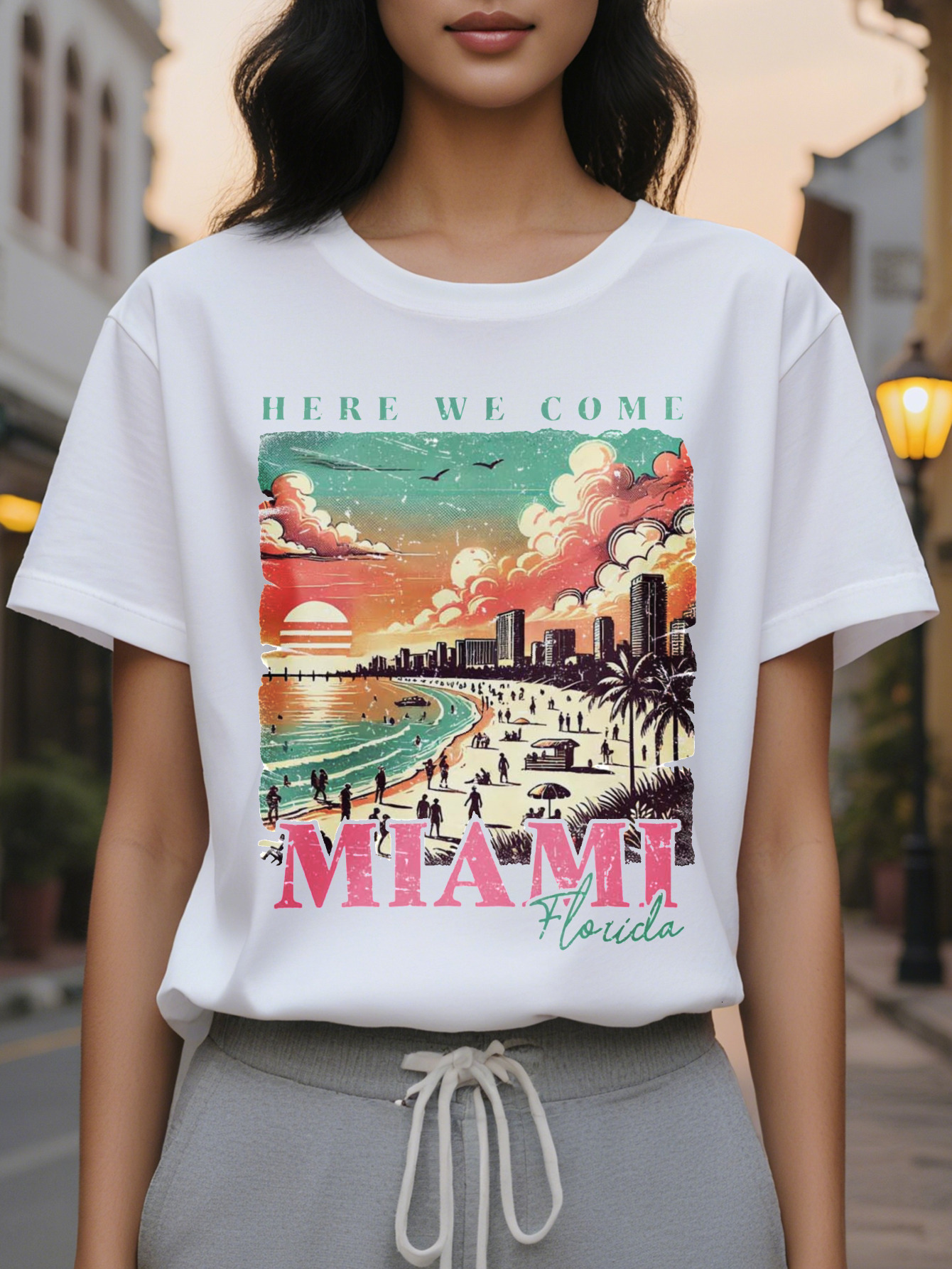 Miami Florida sleeve T-shirt vivid sunset design casual round neck regular version very suitable for autumn