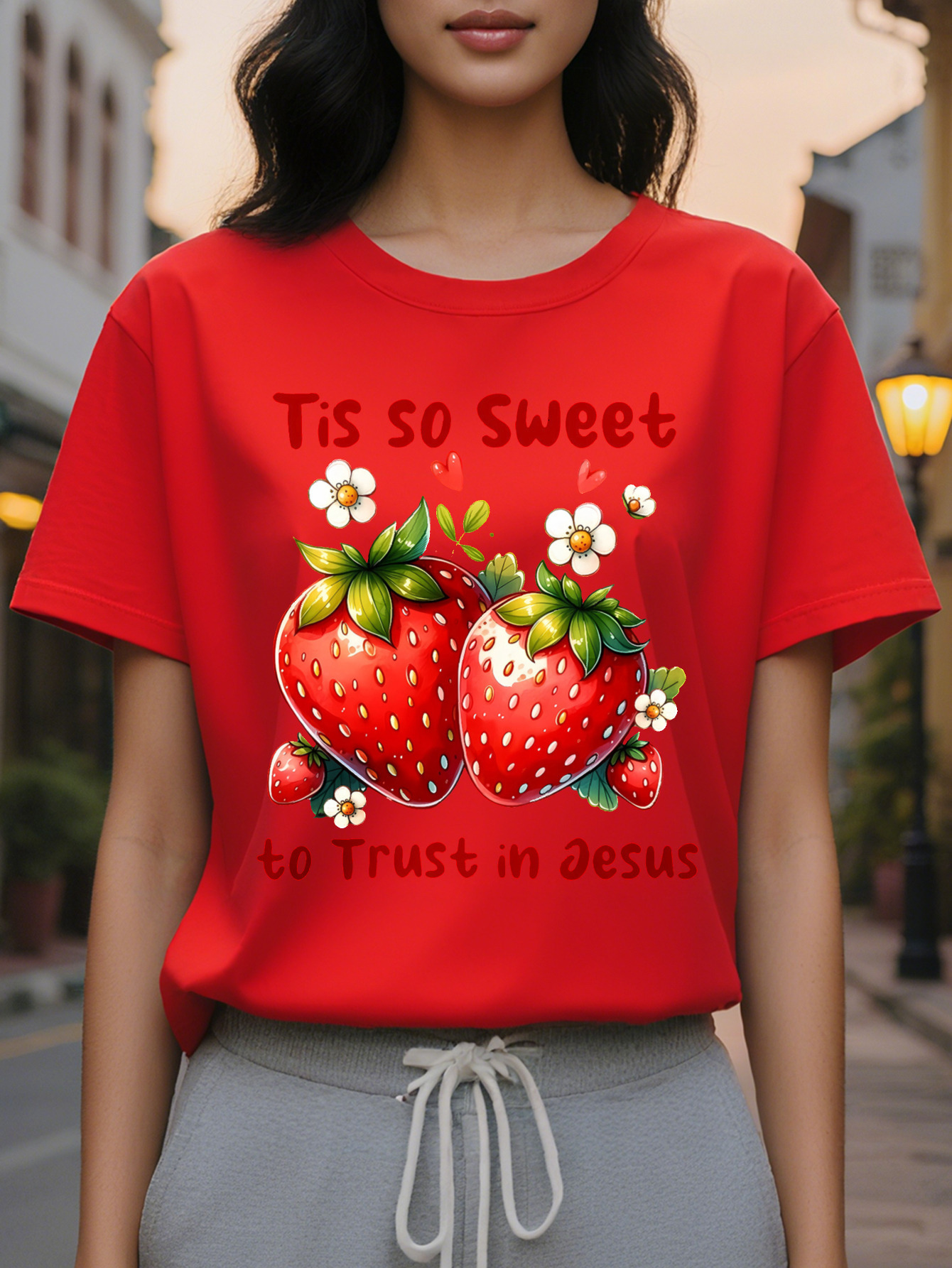 This sweet strawberry short sleeved T-shirt with round neck is a casual top suitable summer and spring for women