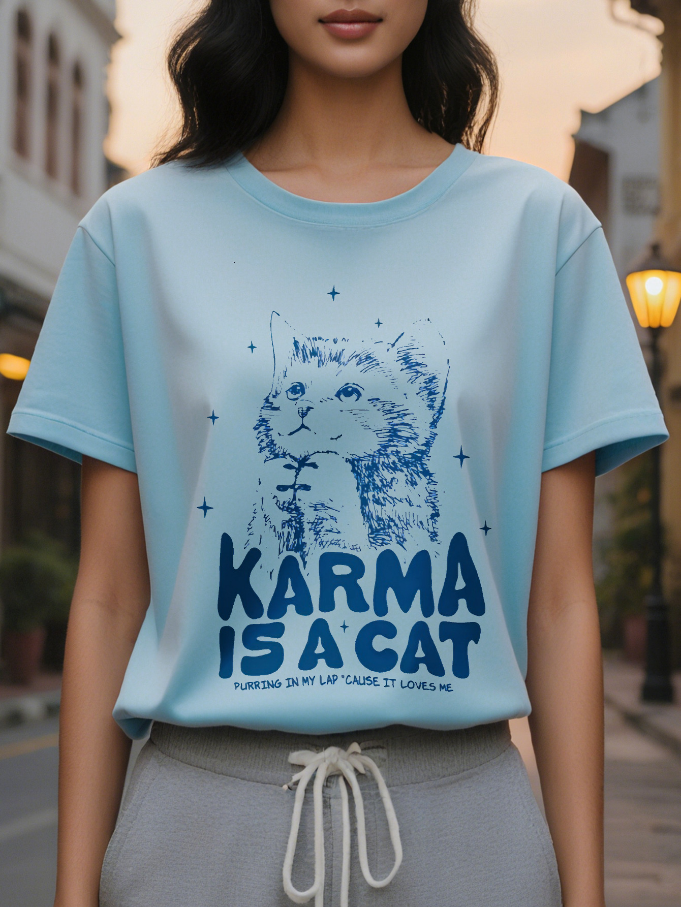 Karma is a cat print spring and summer casual short sleeve T-shirt women's clothing