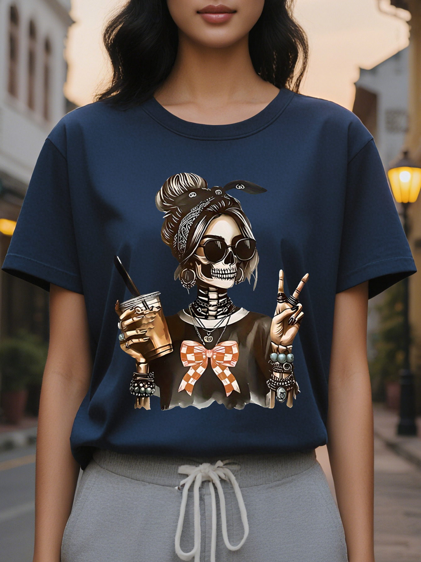 Large Ladies Casual T-Shirt Fashion Skull Design Black Round Neck Short Sleeves Slightly Stretch Fabric Comfortable