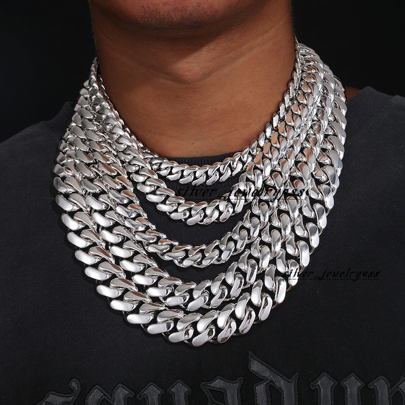 White Gold Plated Miami Cuban Link Chain Solid Brass Hip Hop Necklace for Men Women Bold Streetwear Jewelry Cadenas De Oro Rosa