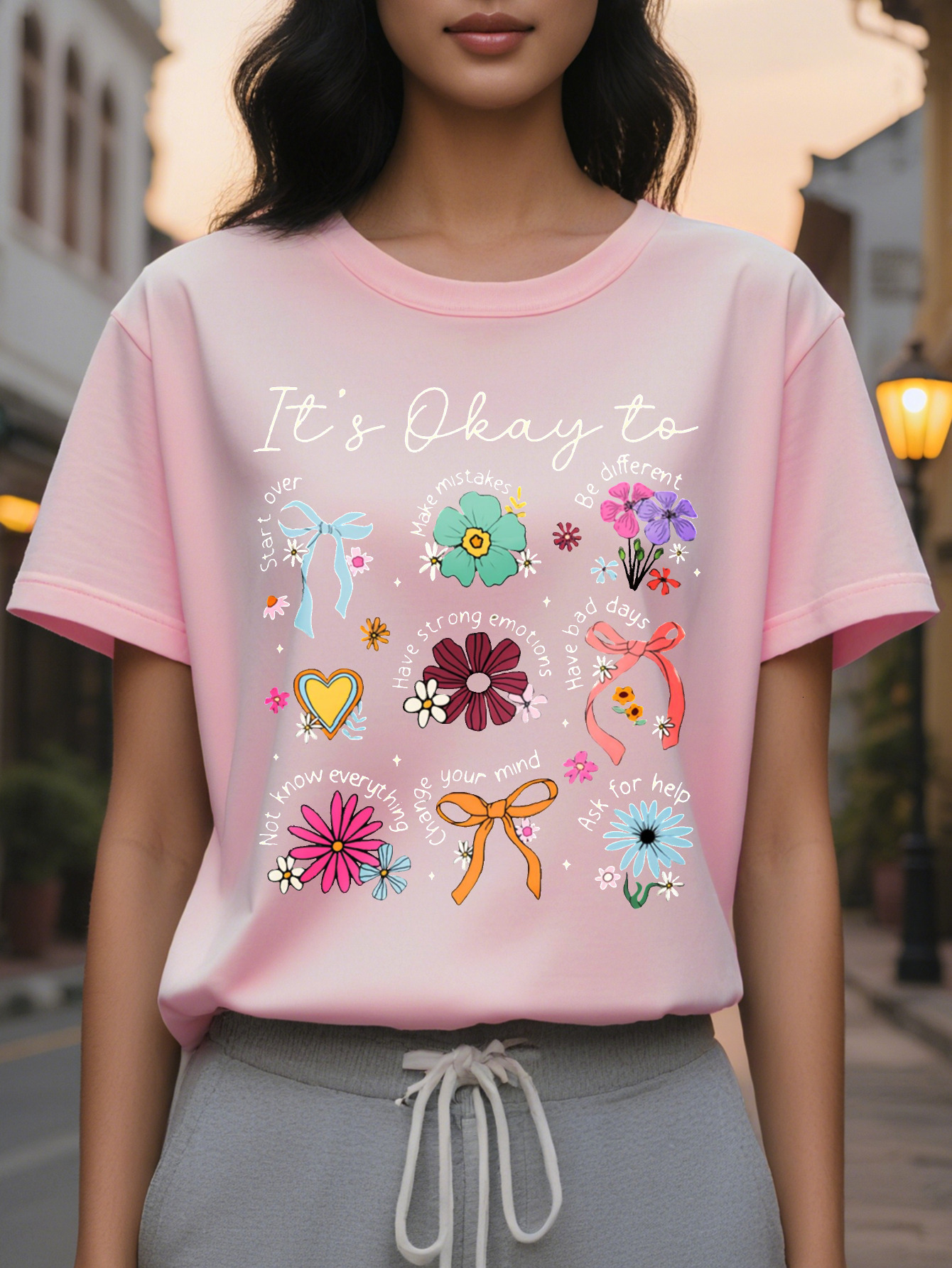 Large XL Women S Casual Short Sleeve T-Shirt Black with Colorful Floral Butterfly Print It's Okay to Be Different Graphic Plus Size