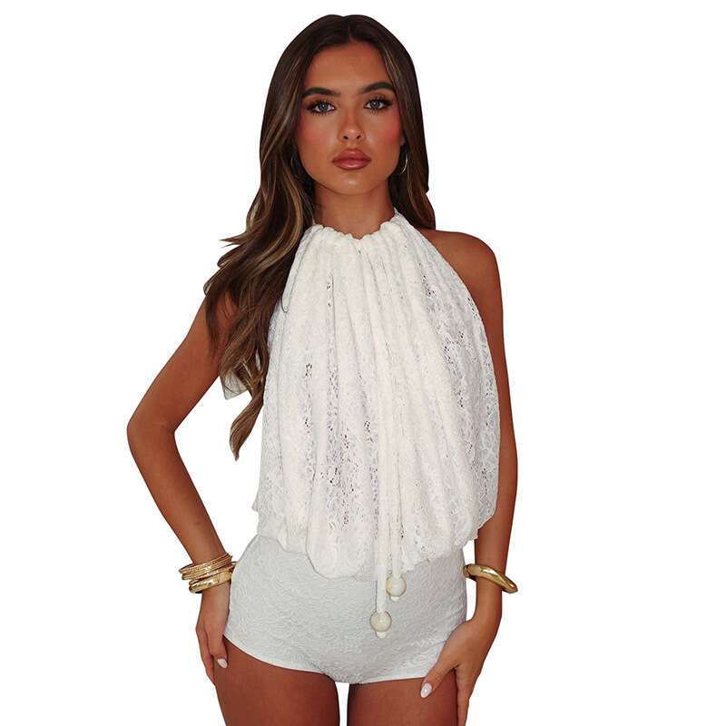New Women's Elegant Lace Hollow Out Tie Strap Sleeveless Backless Jumpsuit Shorts