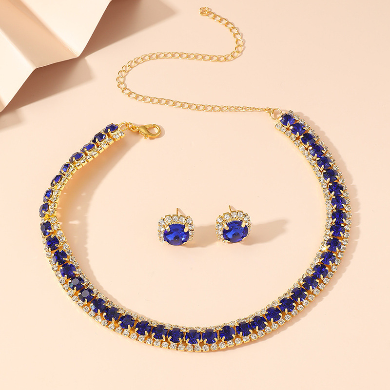 Luxury Necklace Earrings Sets Green Crystal Necklace Women Weddings Bride Jewelry Accessories Pop green blue diamond necklace earring 2 piece set Desi