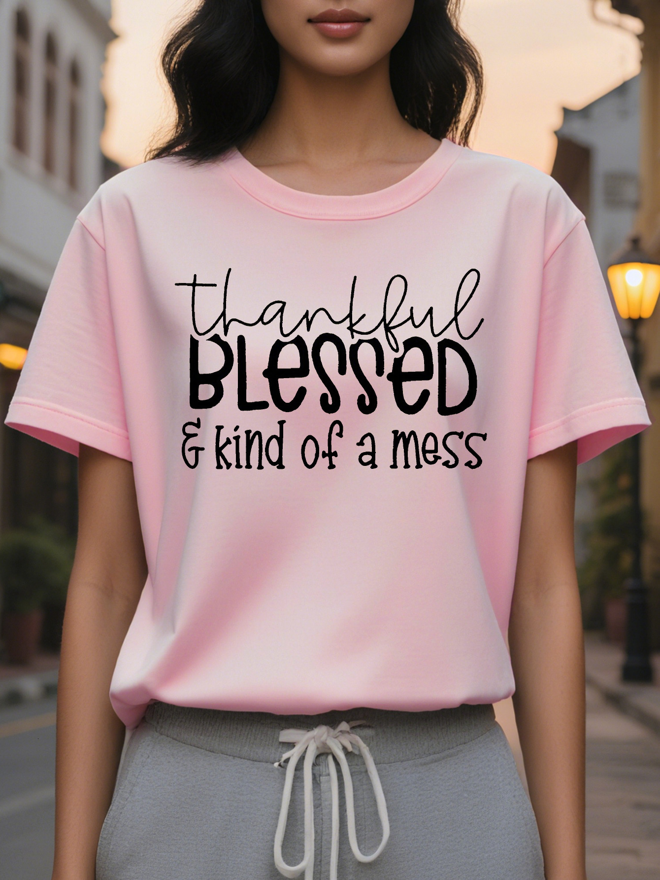 Large XL Blessed Print Crew Neck Casual Short Sleeve T-Shirt for Spring Summer Women's Clothing Plus Size