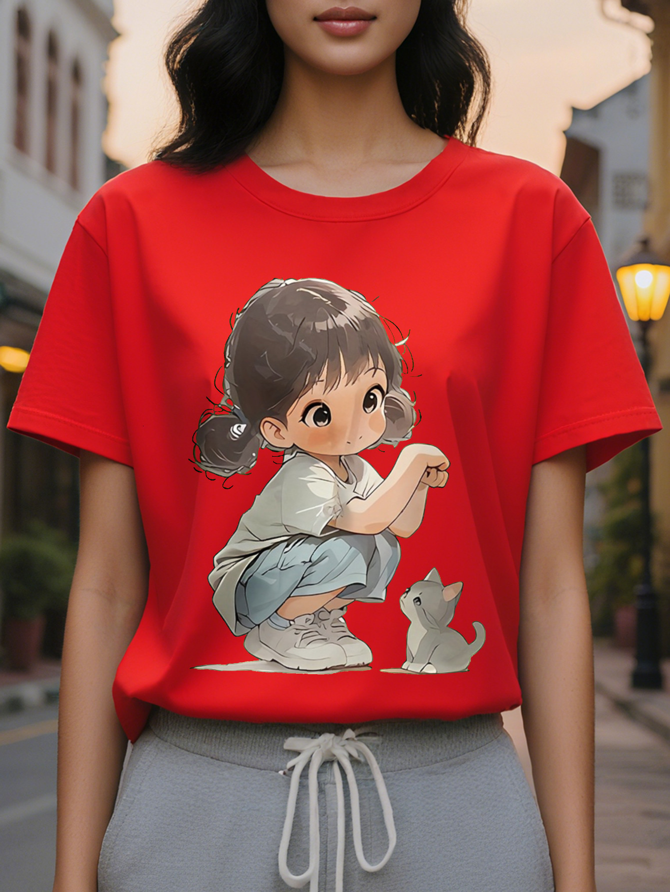 Ladies Lime Green T-Shirt Cute Cat Pattern Short Sleeve Jacket Light And Thin Daily Leisure Summer Beach Clothes Hine