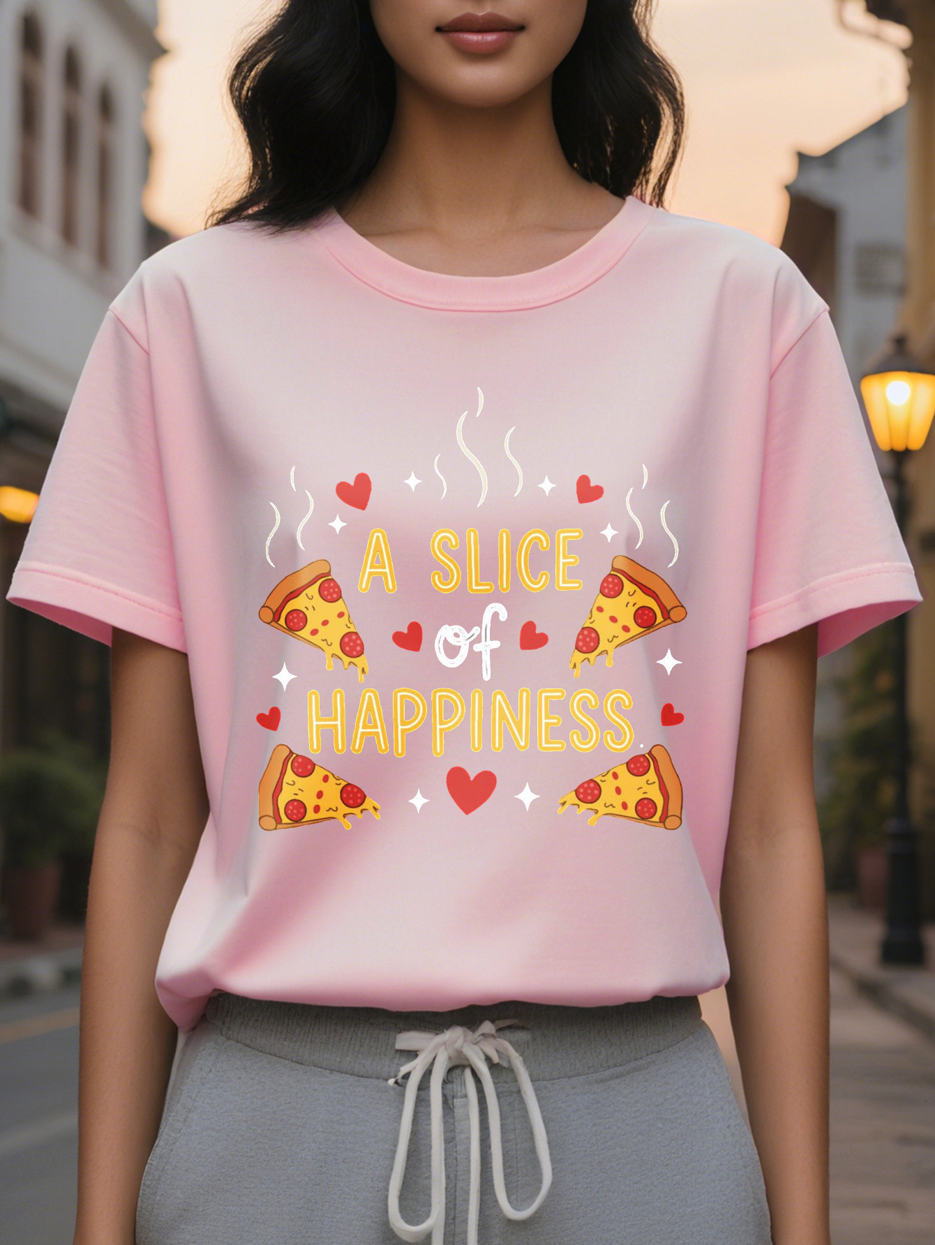 Women's Black T-Shirt with a Piece of Happiness Pizza Pattern, Short Sleeve, Round Neck, Casual Summer Clothing, Fun