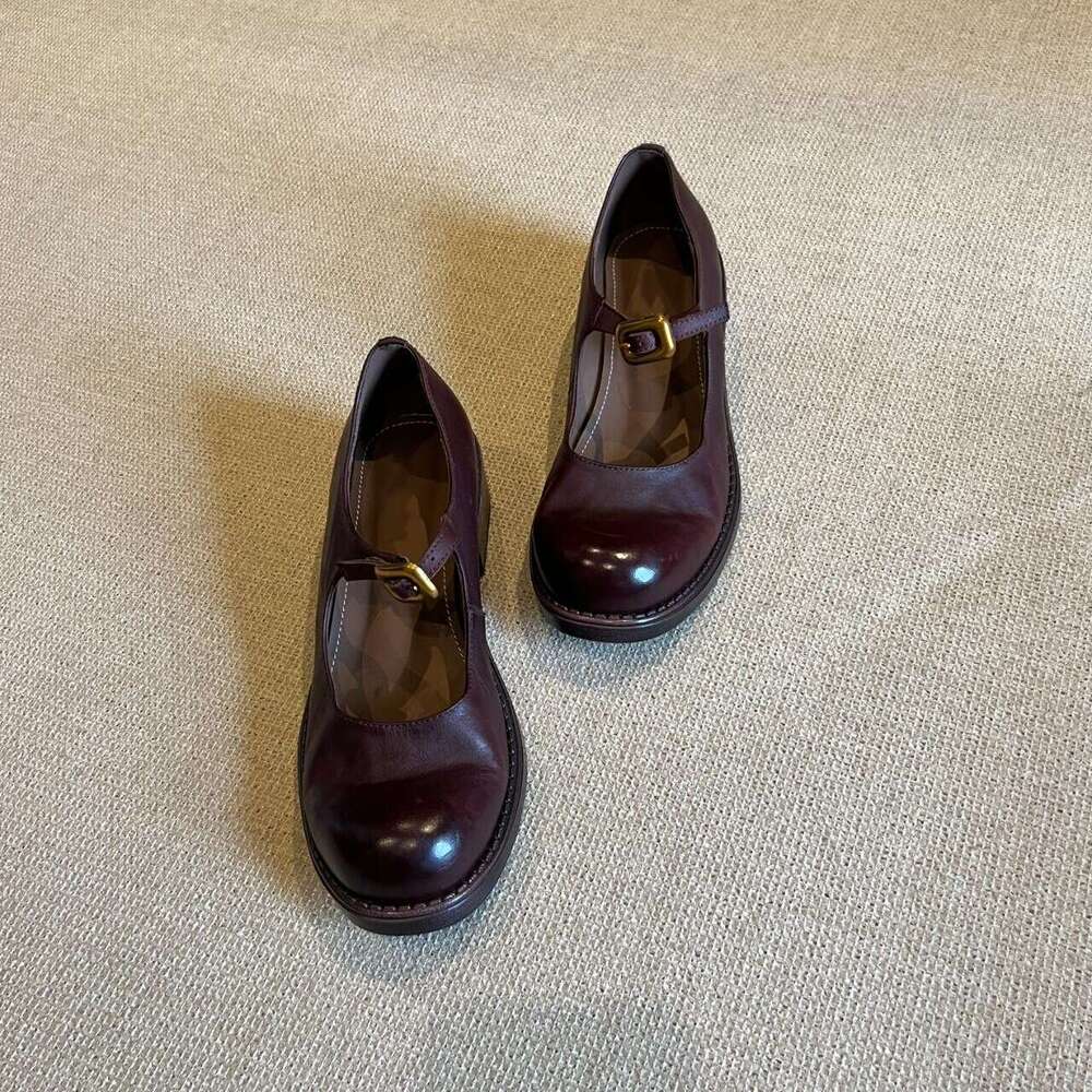 ~ Round Toe British Style Designer Shoe Small One Strap Mary Jane Women Genuine Leather Chunky Heel Shallow Mouth Single Shoes