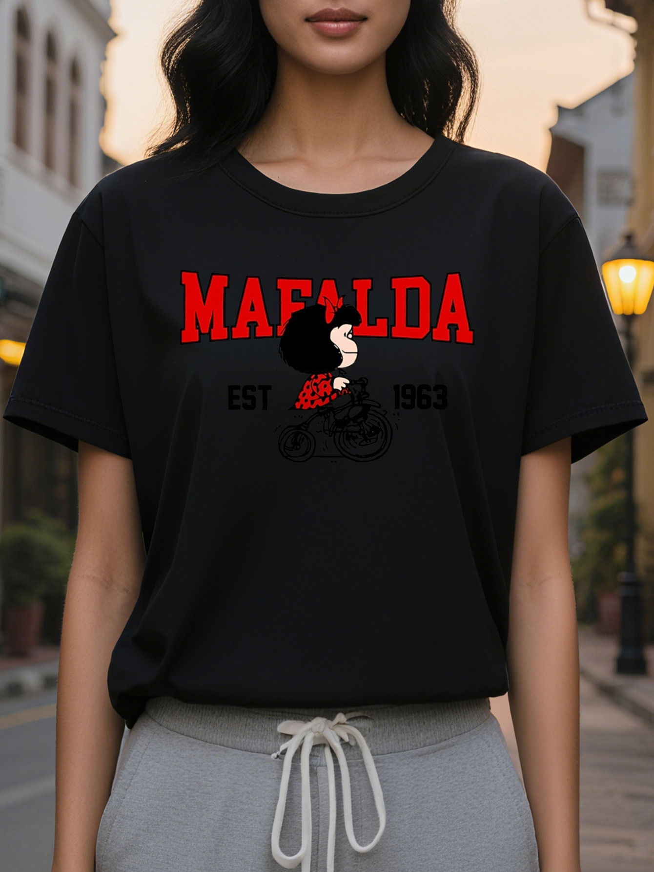 100% Cotton Ladies Vintage Printed T-Shirt Bright Pink MAFALDA Bike Pattern Loose Casual Short Sleeve Top Spring Summer