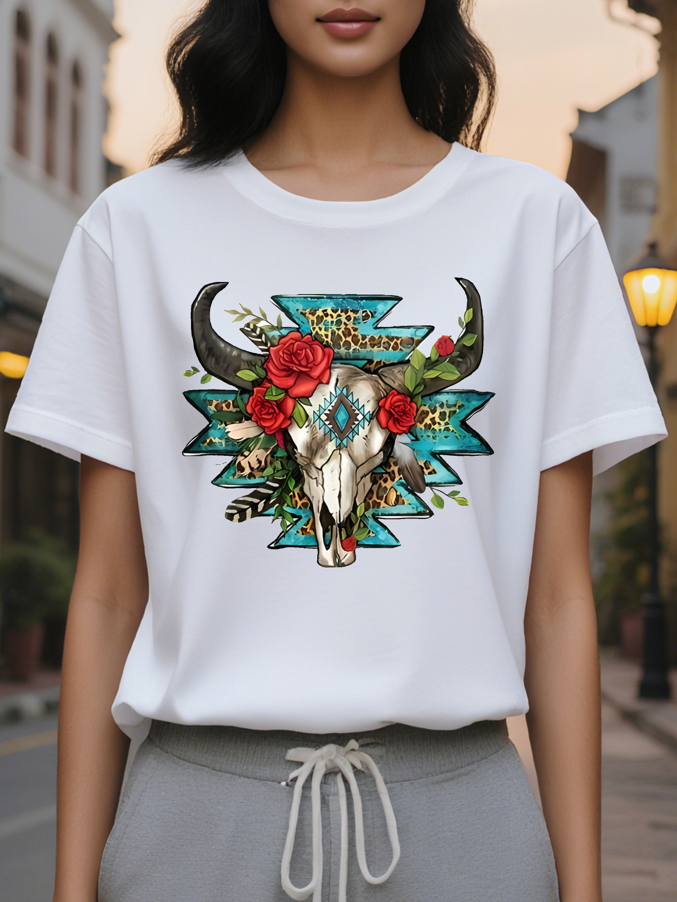 Women s Western Style Short Sleeve T Shirt Black Round Neck Casual Top Skull Rose and Feather Design, washable