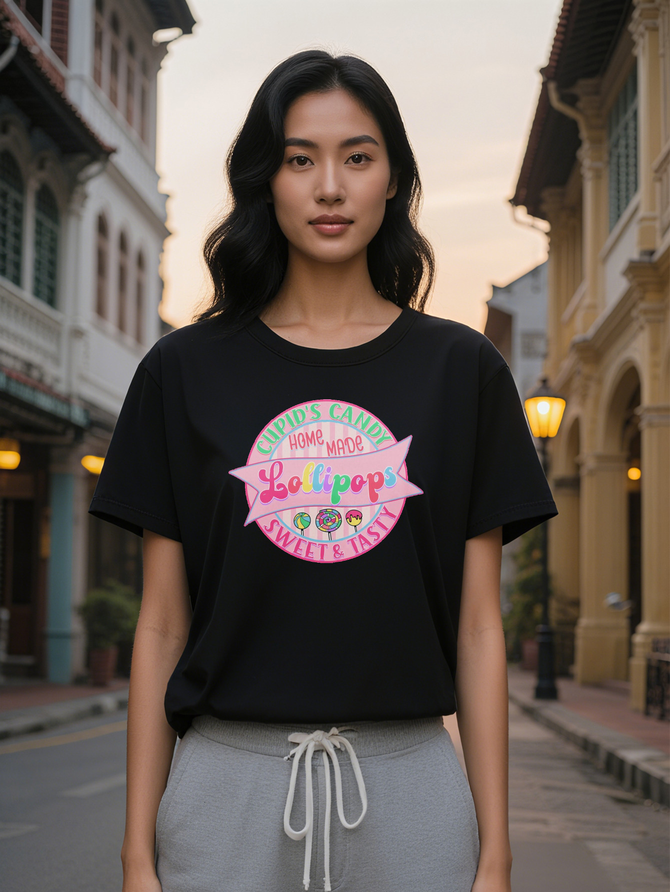 Large XL Women's Crew Neck T-Shirt with Colorful Lollipop Sweet Tasty Design Soft Fabric Perfect for Summer Casual Plus Size