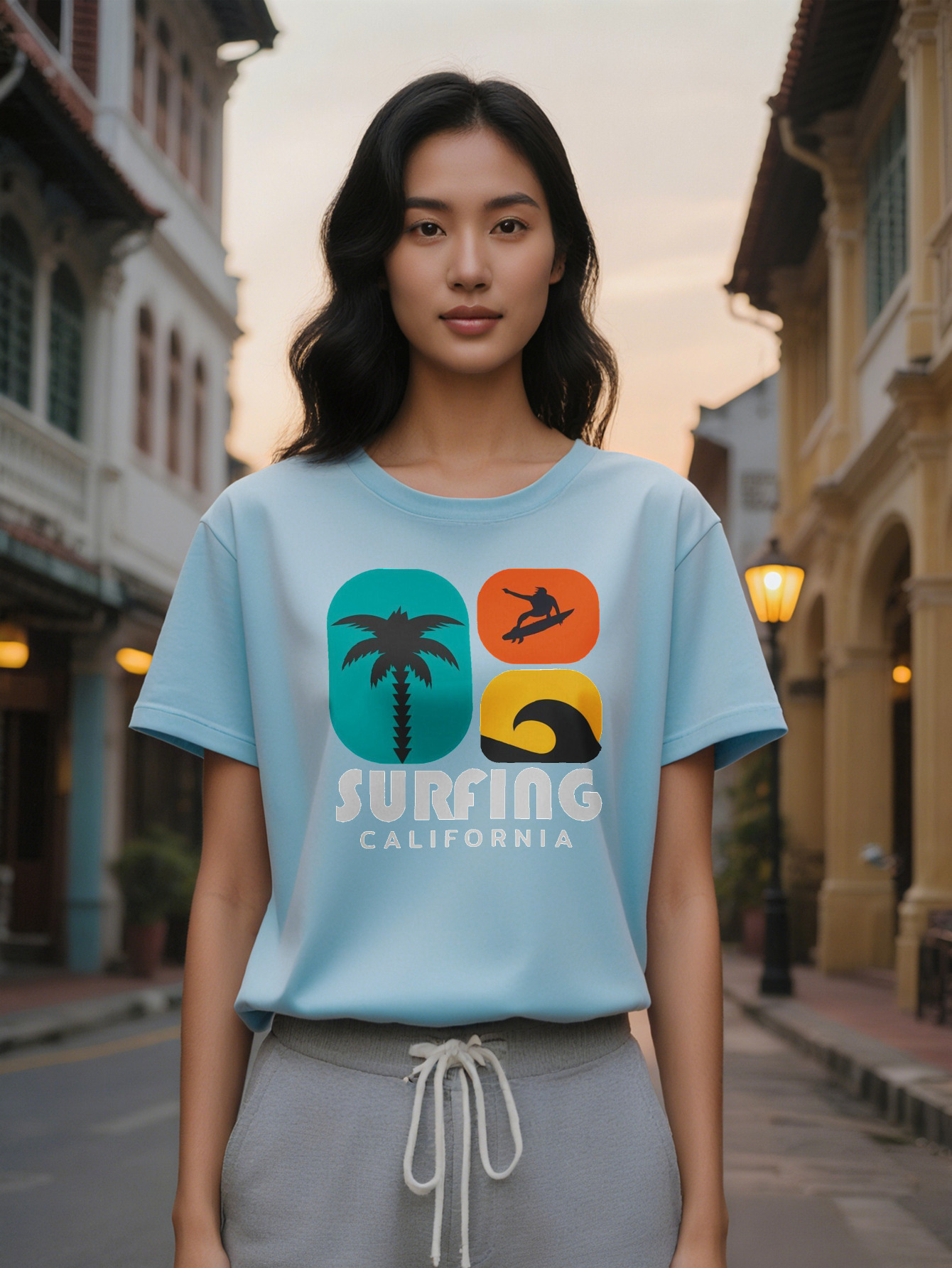 Large XL Lady Surfing California Graphic Print Round Neck T-Shirt Pure Cotton Lightweight Summer with Vibrant Surf Themed Plus Size