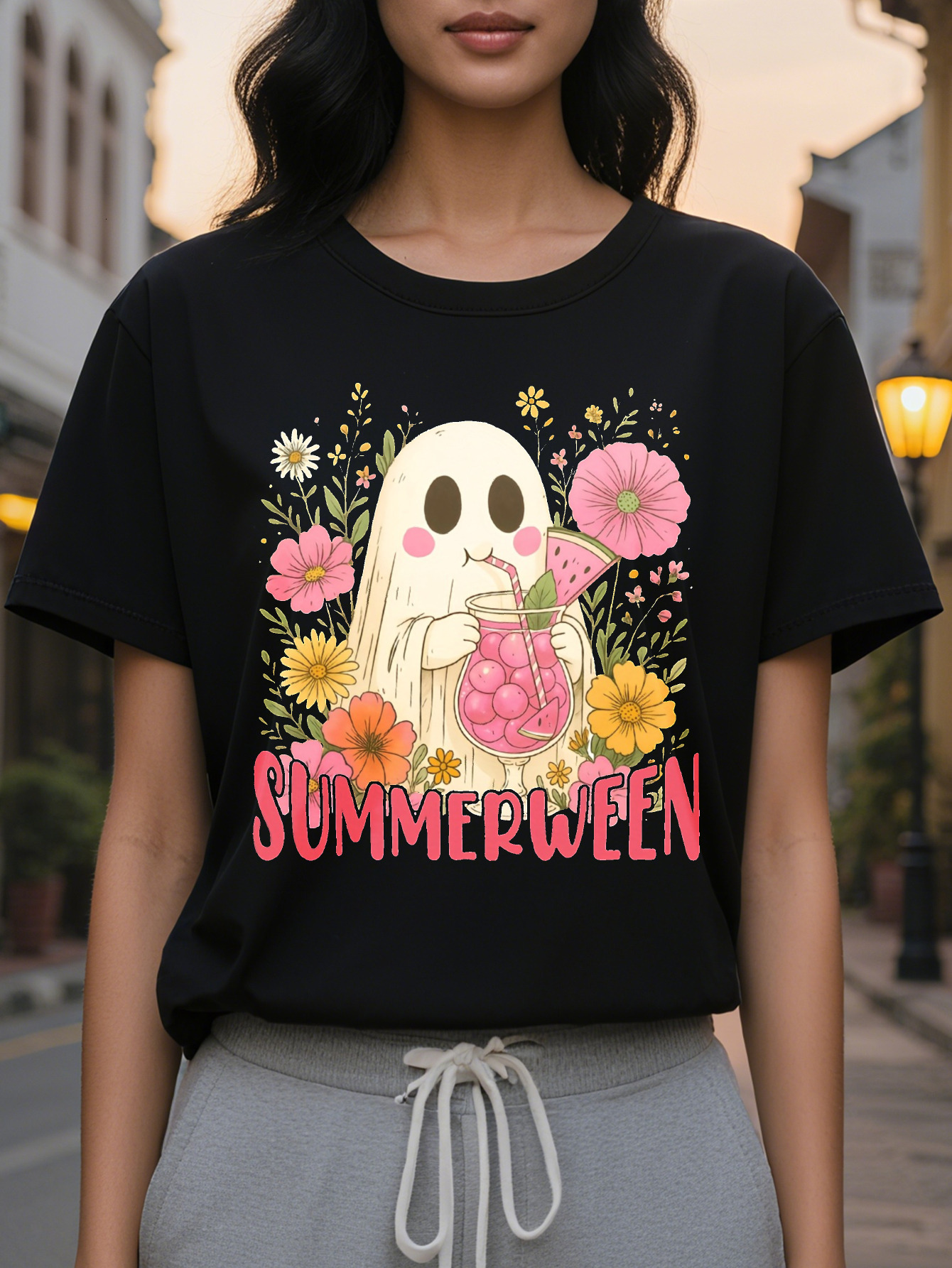 Large XL Women's Halloween Summerween Graphic T-Shirt Cute Floral Print Short Sleeve Round Neck Casual Tee Pink Black Summer Plus Size