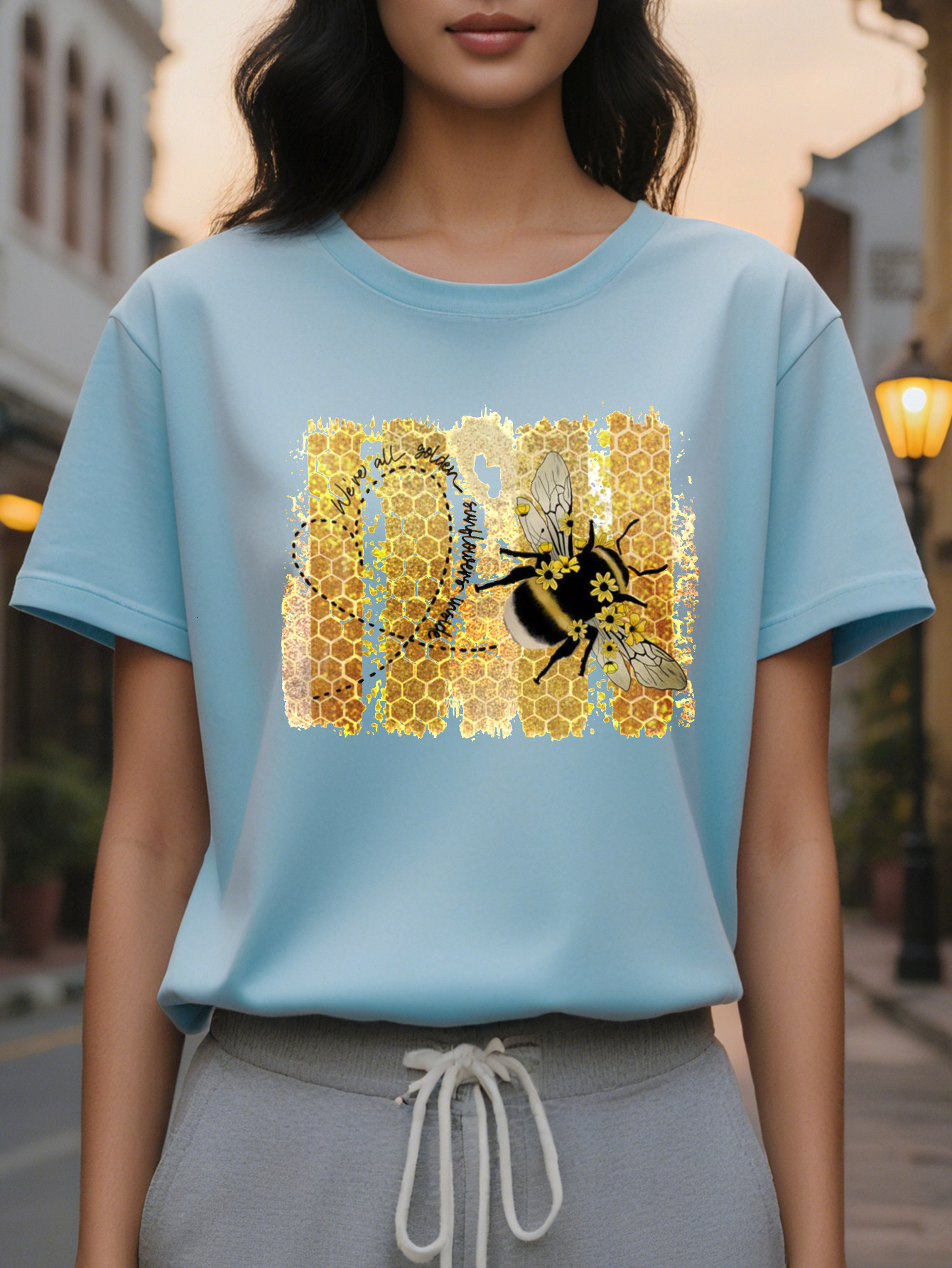 Ladies Elegant Sleeve T-Shirt White Honey Pattern Round Neck Jacket Autumn and Winter Daily Dress Medium Stretch