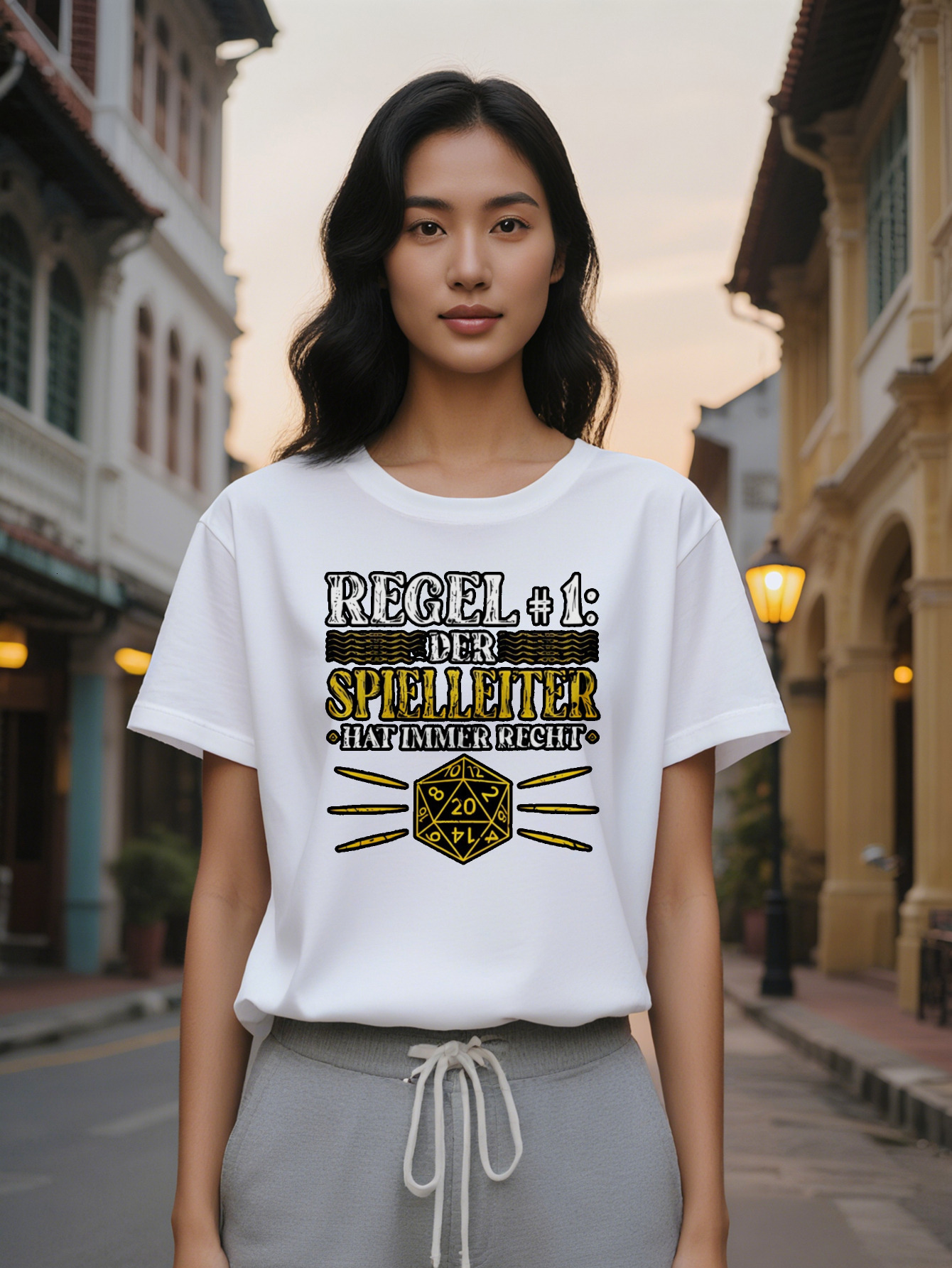 Large XL lady Casual Graphic T Shirt The Game Master is Always Right D Tabletop Gaming Design Black with White Yellow Plus size