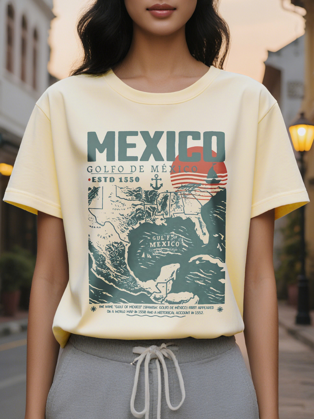 Women's Retro Gulf of Mexico Pattern T-Shirt Patriotic American Nautical Design Coordinates Loose Fit Short