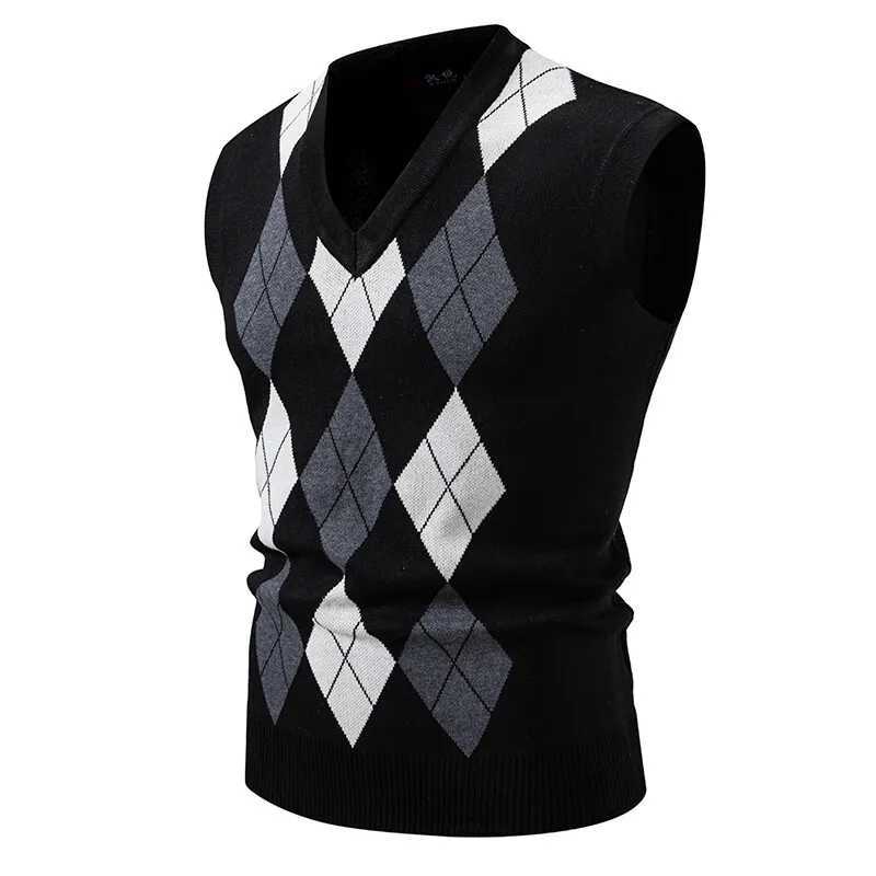 Mens Sleeveless Knit Vests Fashion Geometric Knitted Pullovers Men VNeck Smart Casual Sweater Tank Tops Knitting Mens ClothingXJ250904