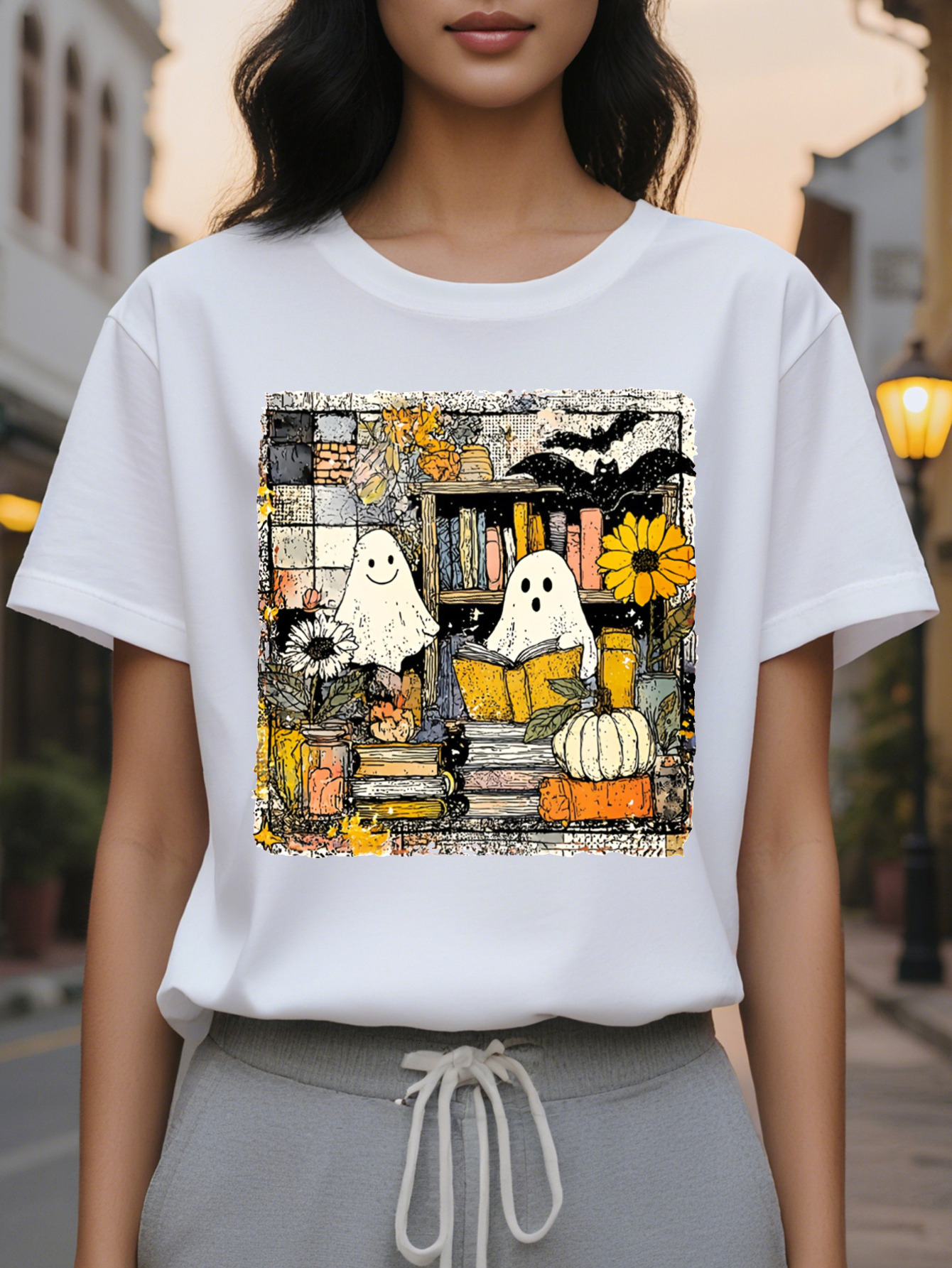 Large XL Women's T-Shirt Cute Print Short Sleeve Round Neck Top Spooky Bats Witches Pumpkins Cozy Autumn Colors in Orange Plus Size