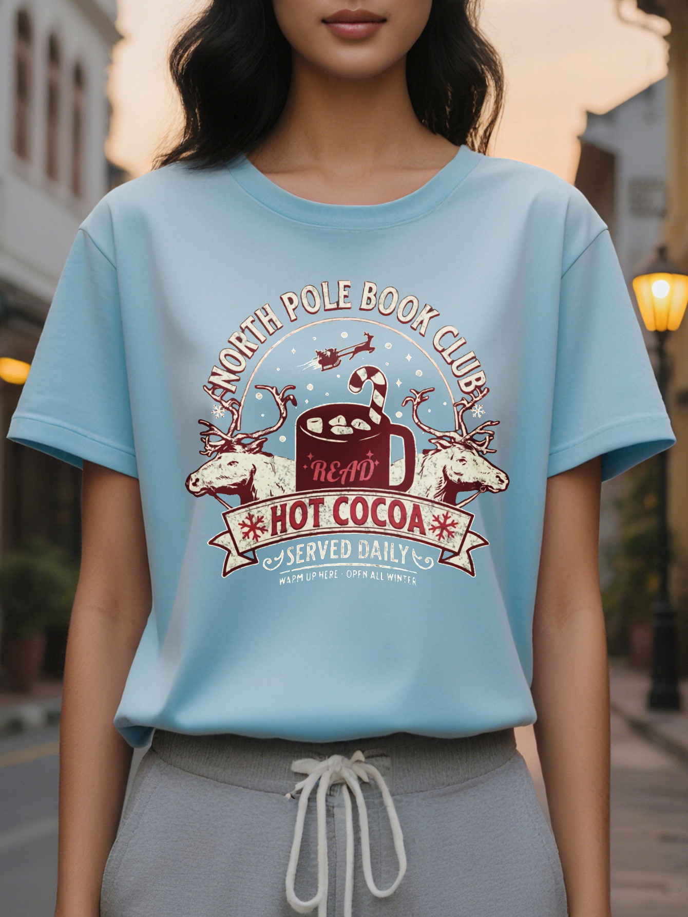 Large XL Women's Graphic T-Shirt North Pole Book Club Hot Cocoa Served Daily Vibrant Green Casual Round Neck Tee Plus Size