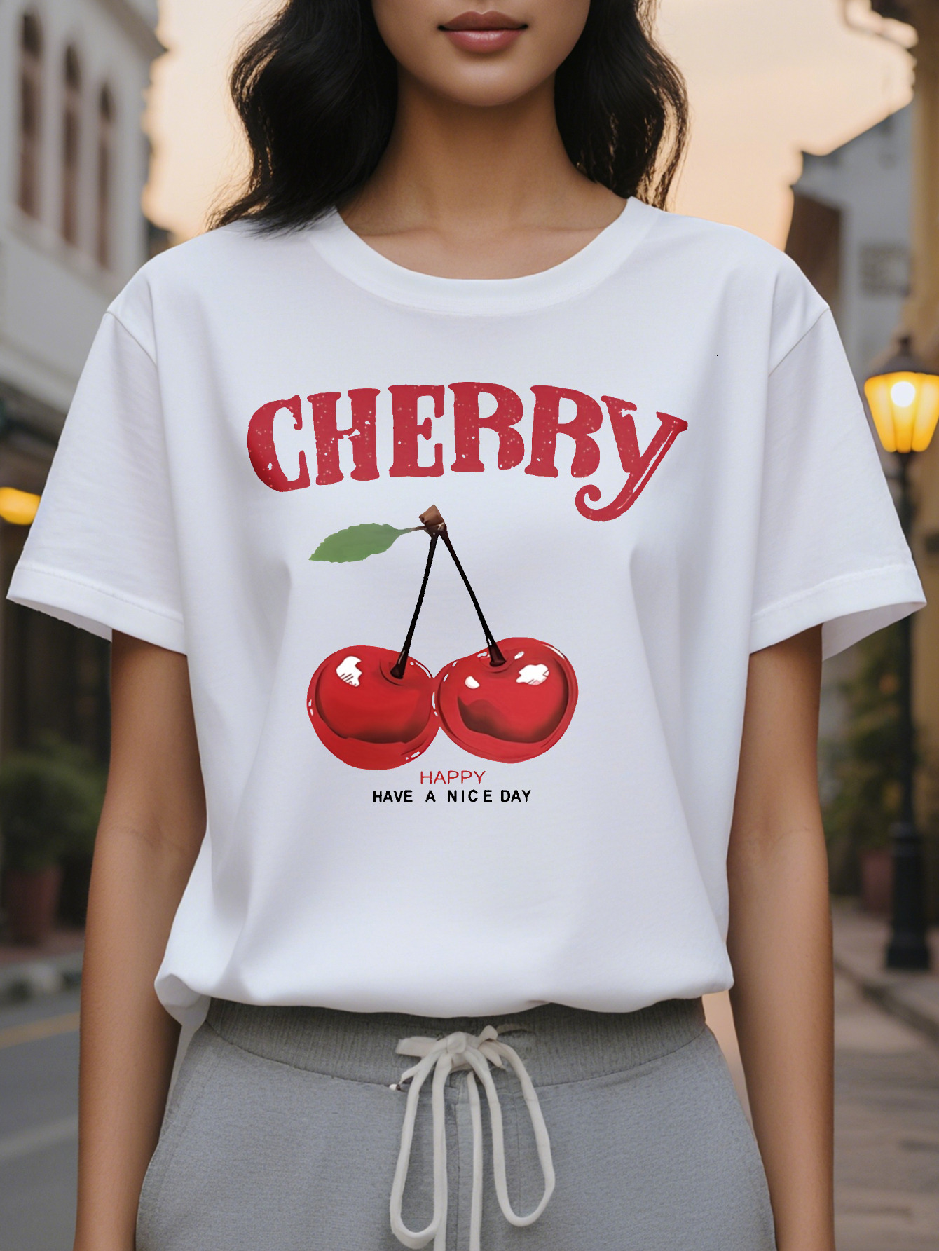 Large XL Women's Slim Fit Short Sleeve T-Shirt Cherry Print with Bold Red Lettering Have a Nice Day Slogan Light Yellow Plus Size