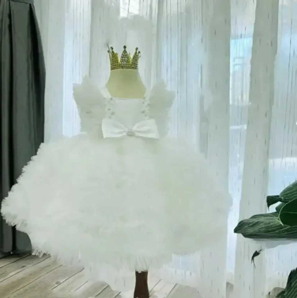 Customized Pink Flower Girl Dresses for Wedding Tiered Square Collar Pearls with Bow Kids Birthday Party First Communion Gown Z250904