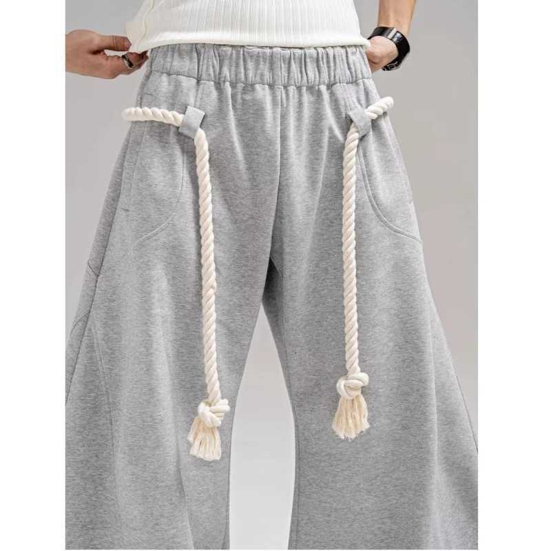 Street Casual Sports Pants Mens New Autumn Thick Rope Drawstring Trendy Hip Hop Wide Leg Trousers College Loose SweatpantsXJ250904