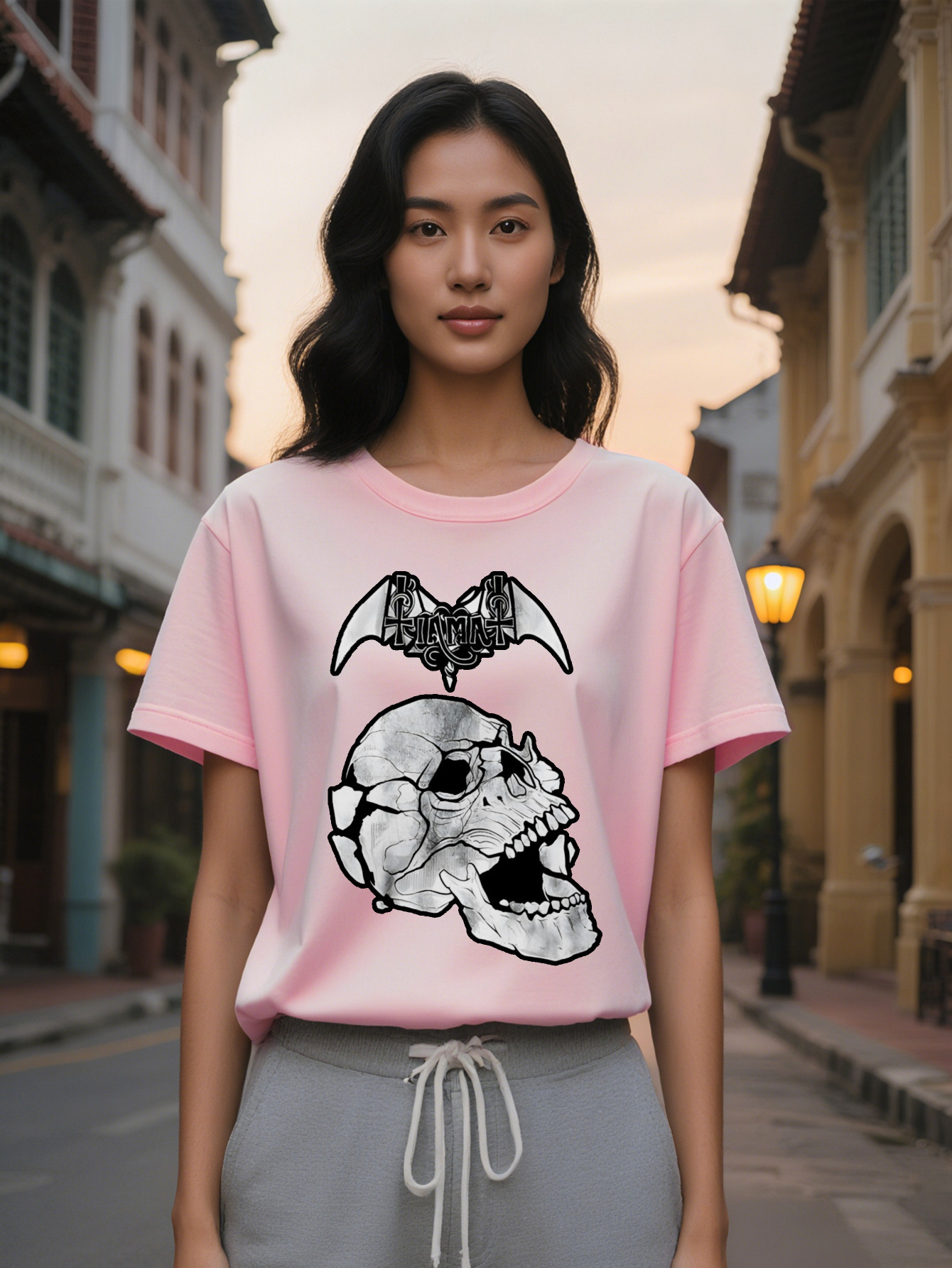 Large XL Lady Skull Bat Wing Graphic Print Casual T-Shirt Black Round Neck Summer Top Washable Regular Fit Tee for Plus Size