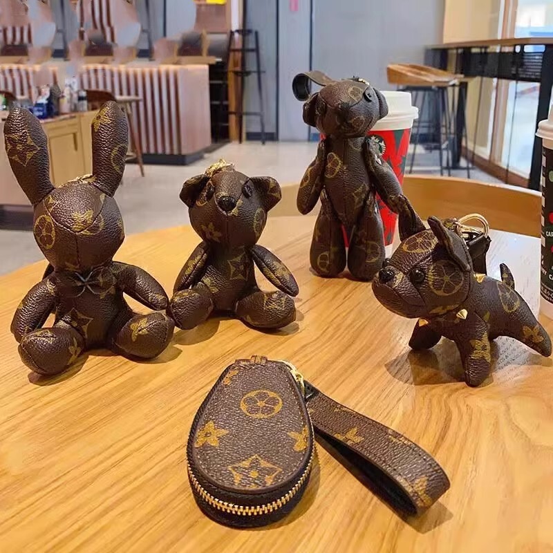 Presbyopia French Fighting Dog Keychain Checkerboard Pendant Car Keychain Leather Dog Pendant