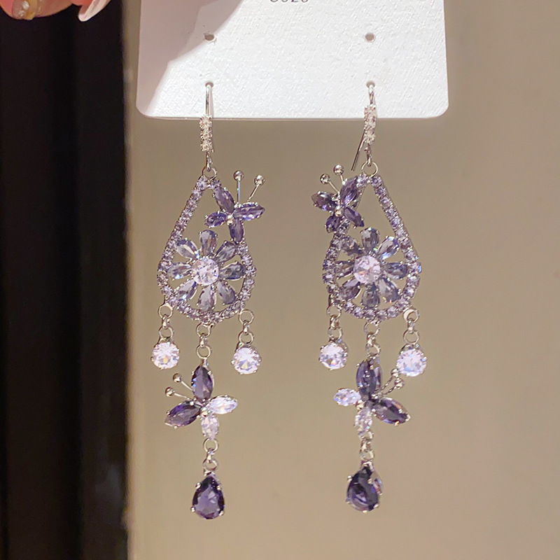 Silver Tone Purple Crystal Butterfly & Floral Hook Earrings With Teardrop Tassel Detail Elegant Glamorous Style Party Wear Gift For Her Sparkling Jewe