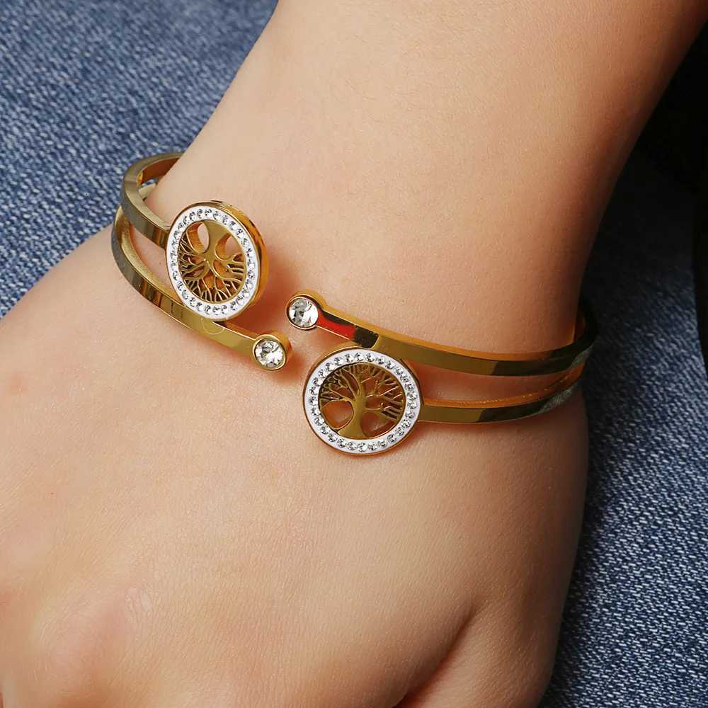 Luxury Stainless Steel Tree of Life Open Bracelet for Women Men Goldcolor Cubic Zircon No Fade Color Lucky Cuff Bangle Jewelry Y250904