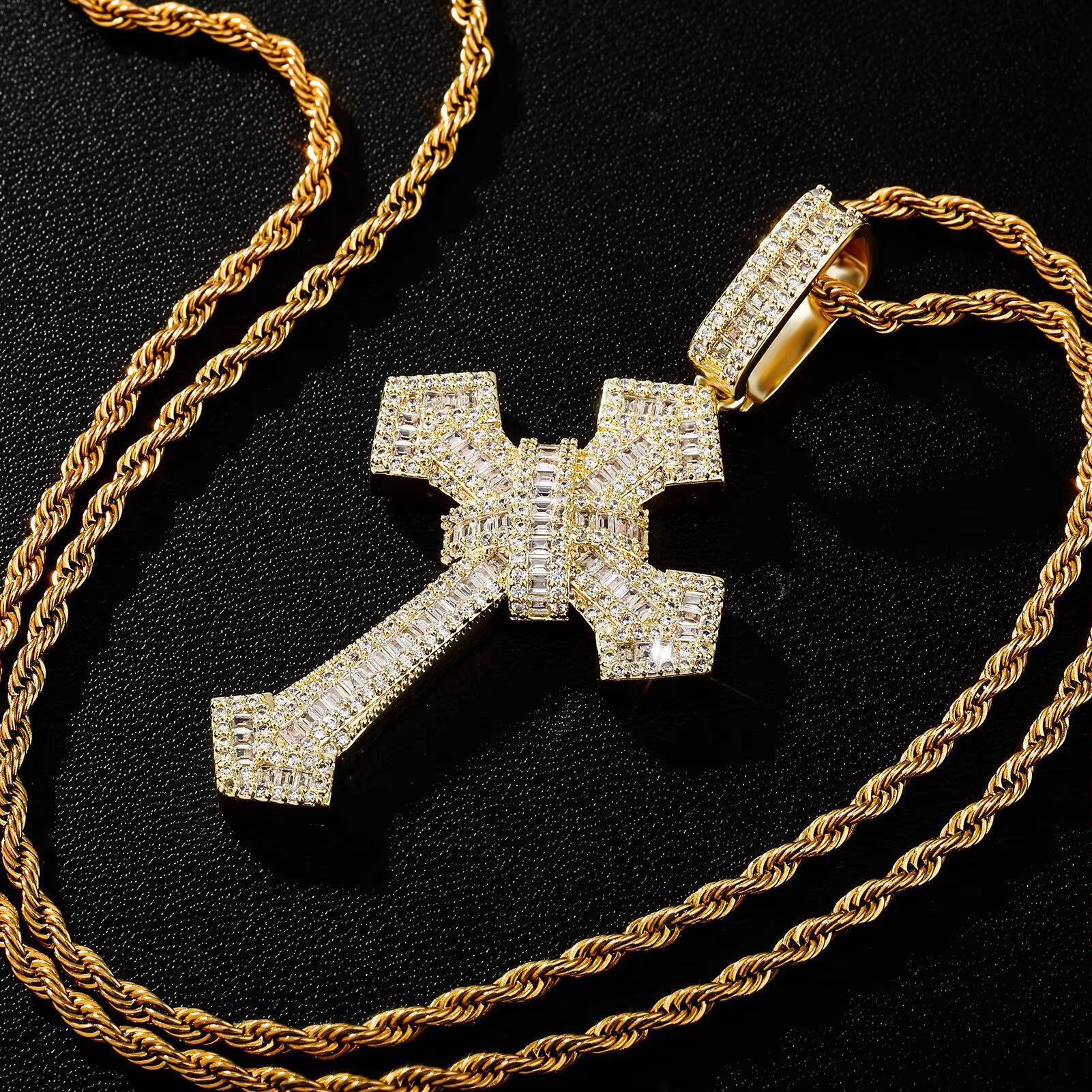 Wholesale Hip Hop Oxide Hao Stone Rhinestone Cross Ice Crystal Necklace