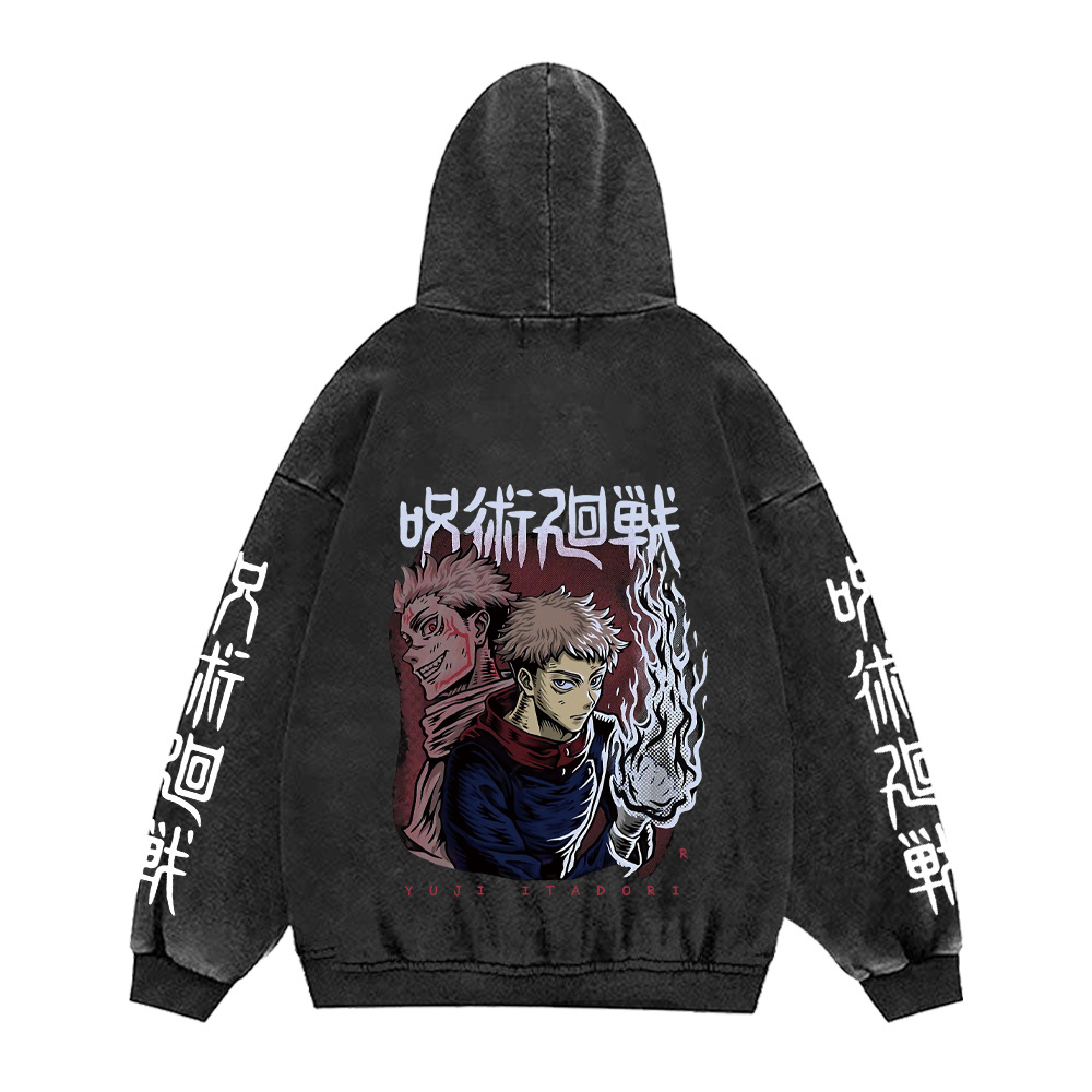 440g Heavyweight Washed Vintage Jujutsu Kaisen Print Street Retro Hoodie Streetwear Hooded Sweatshirt - VT2416