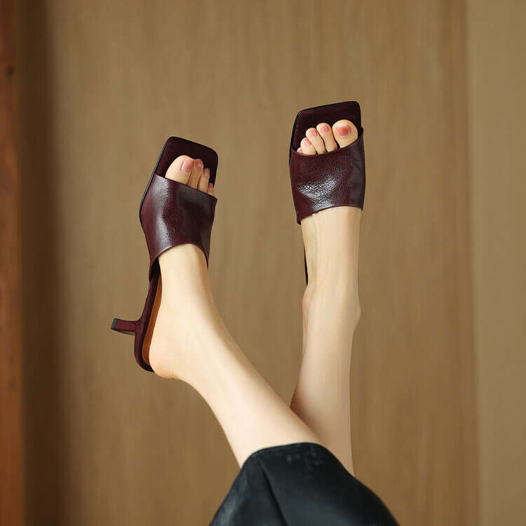 Soft Sheepskin One-Strap Slippers Designer Shoe for Women, Summer New Genuine Leather Squ Toe Open-Toe Sandals with Thin High Heels