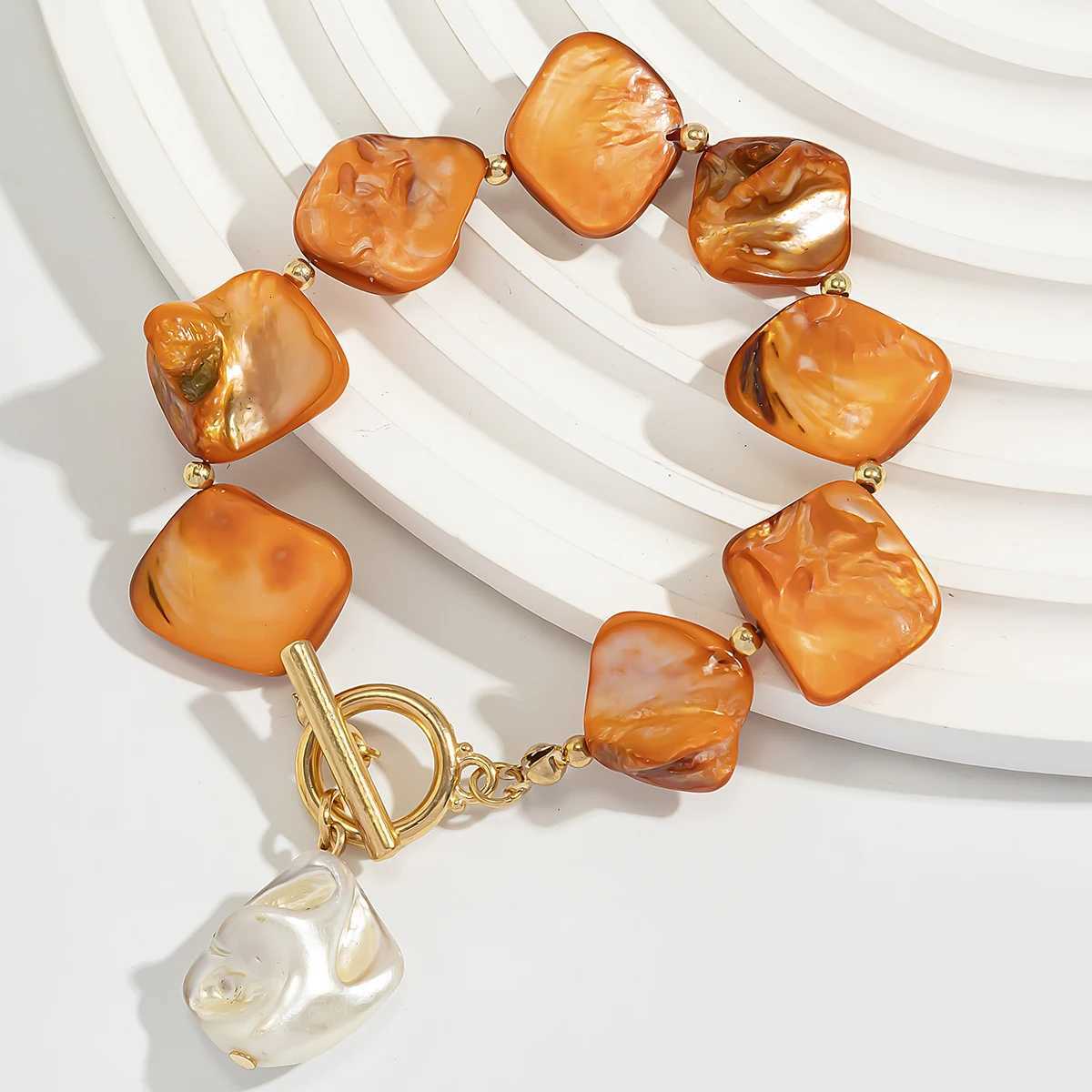 PuRui Boho Imitation Pearl Orange Geometric Stone Chain Bangle Rantic Wen OT Buckle Summer Ocean Beach Pendant Bracelet Y250904