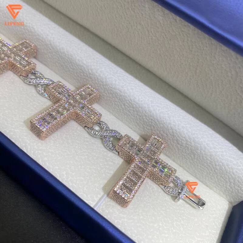 Lifeng Jewelry Ice Cross Cuban Link Chain Hiphop Baguette Out VVS Moissanite Two Tone Solid Sterling Silver Men Women Bracelet
